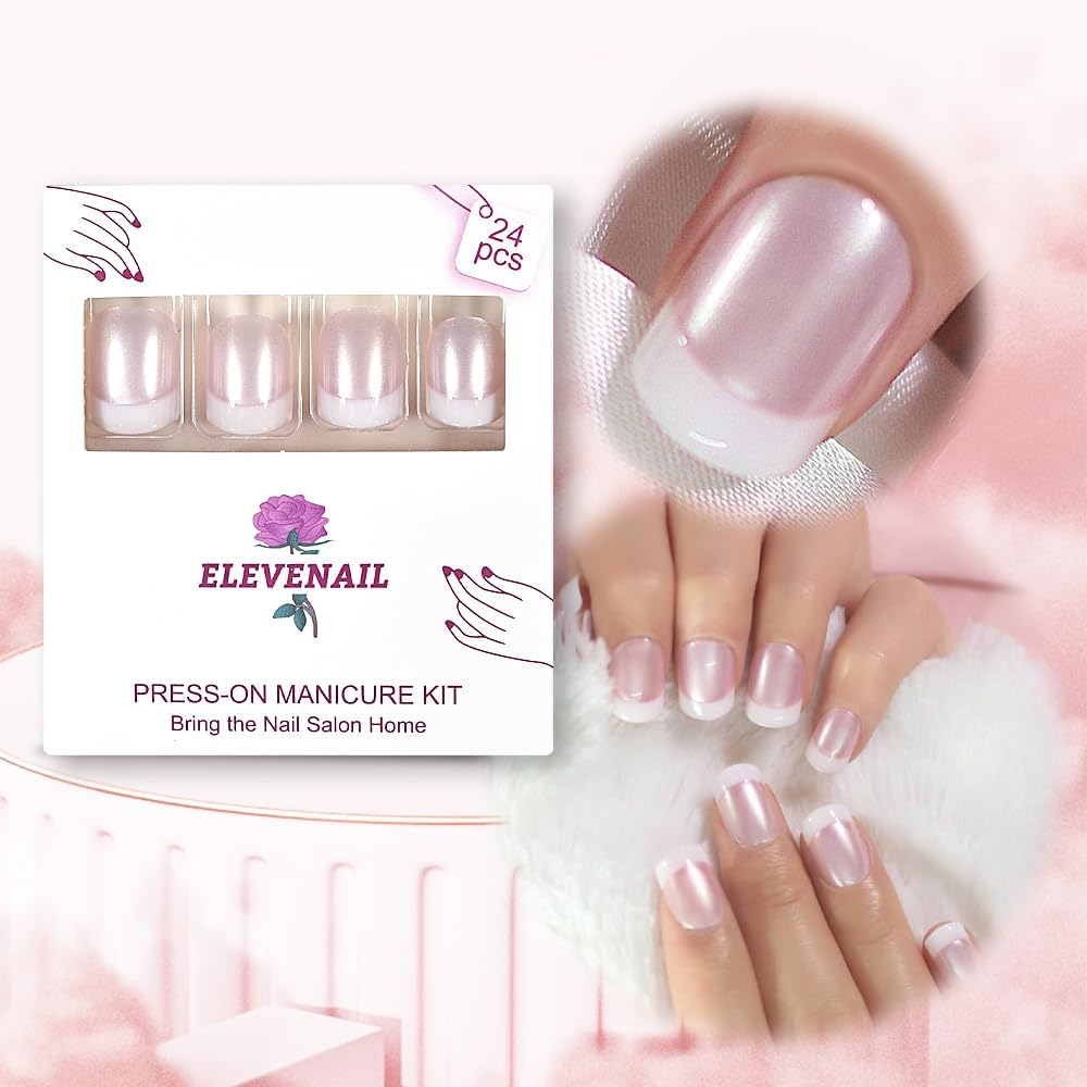 Elevenail Summer Nails Glossy Pearl Pink White French False Nails Short Squoval Press on Nails Fake Salon Manicure Faux Ongles Reusable Nail Art Tips Gift for Women and Girls
