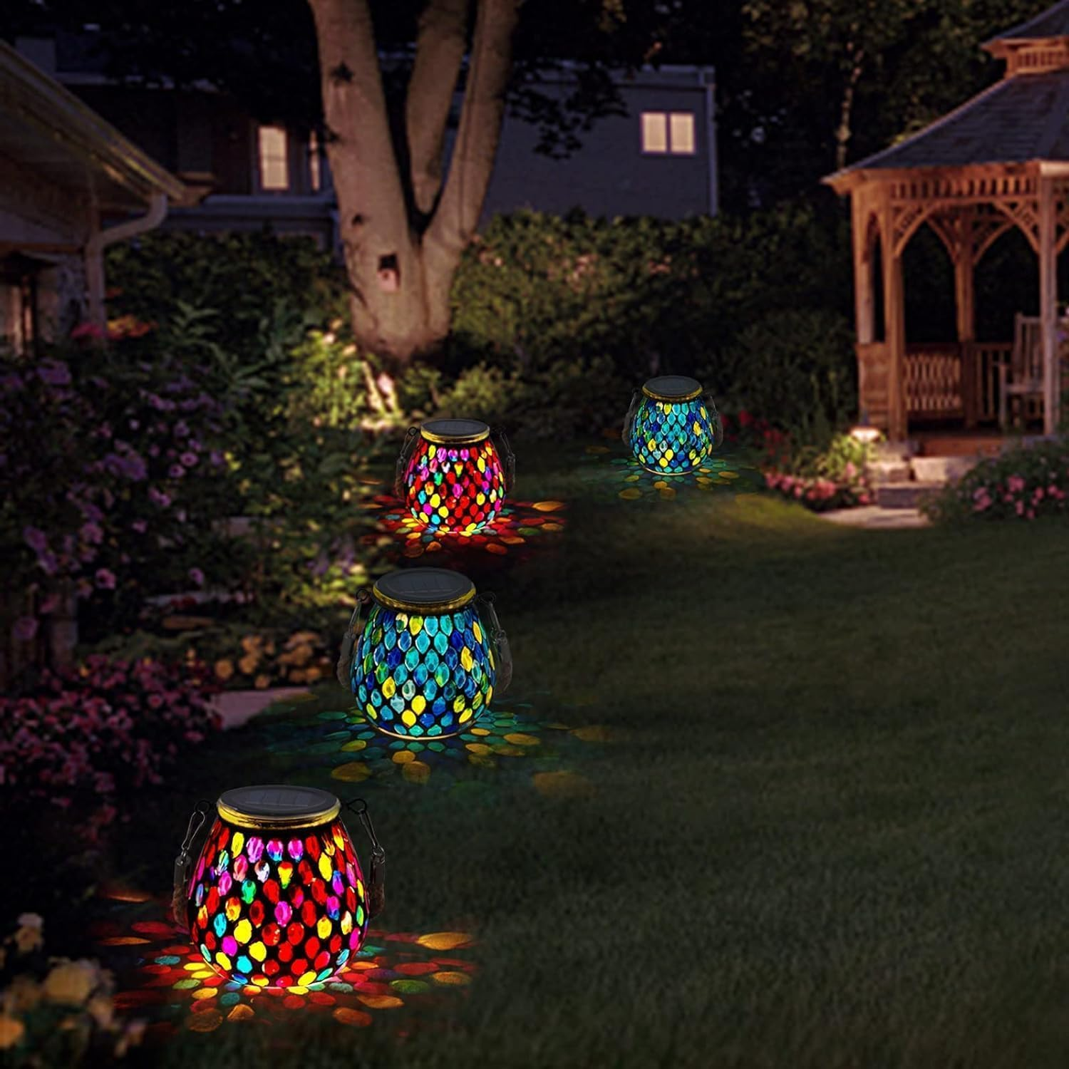 Zarmanuae Mosaic Solar Lanterns Outdoor Hanging Lights, Red & Blue Color Solar Glass Lights, Outdoor Waterproof Solar Night Lights, Garden, Patio, Pathway & Yard Multi-Colour, 2 Pack image number 1