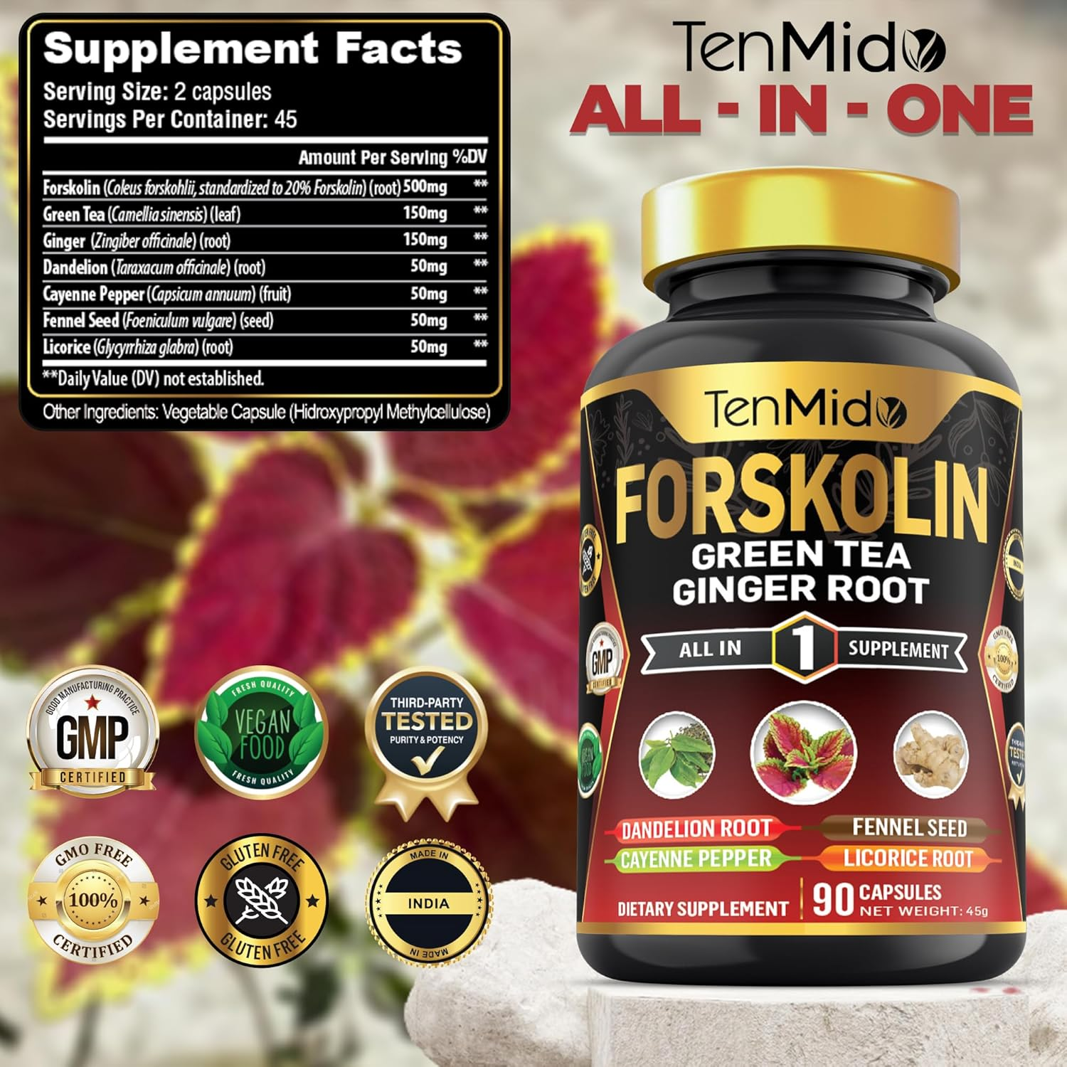 Forskolin Supplement with Green Tea, Ginger Root, Dandelion Root, Cayenne Pepper, Fennel Seed, and Licorice Root - 90 Vegan & Non-Gmo Capsules image number 4