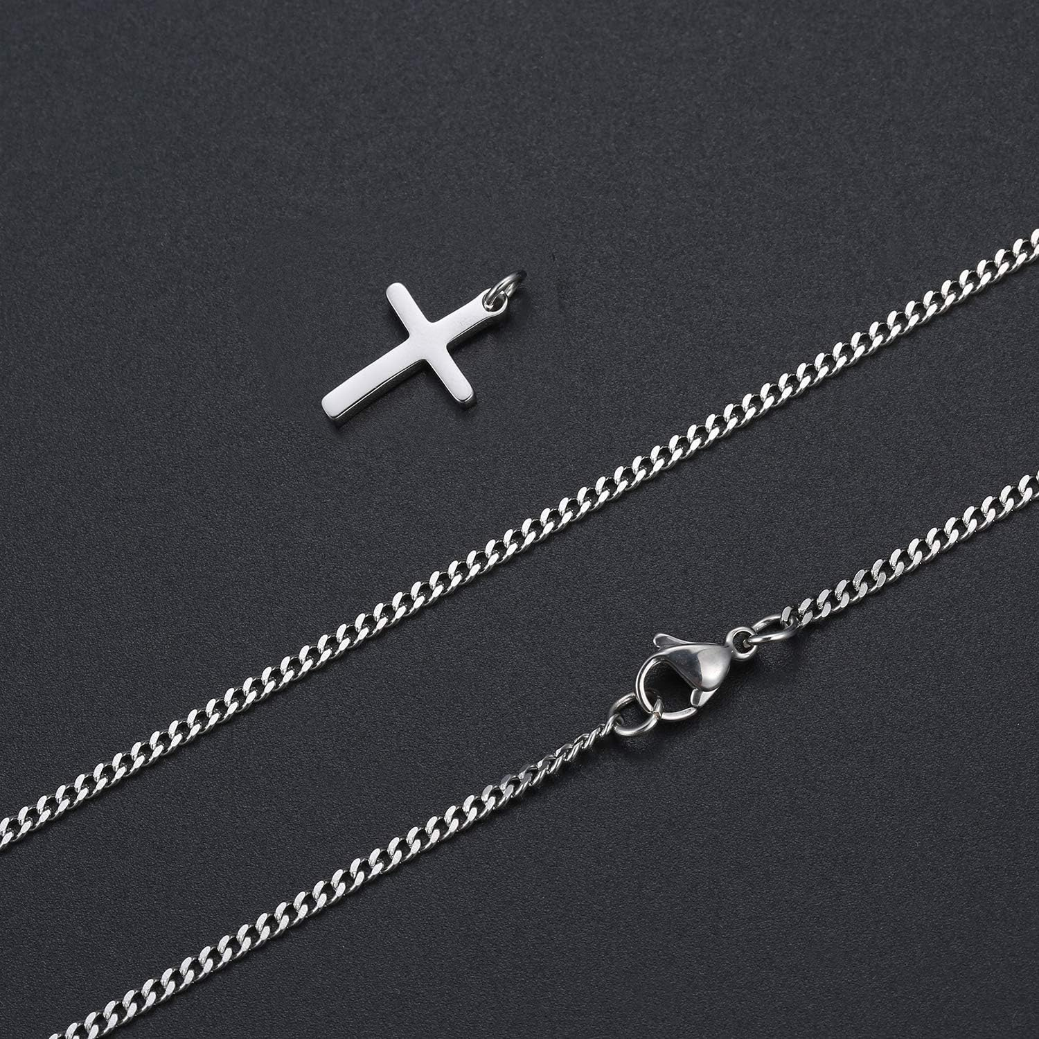 TASBERN Cross Necklace for Men Stainless Steel Silver Polished Plain Small Cross Pendant Necklace for Son Boy Women 16-24 Inches Cuban Chain image number 3