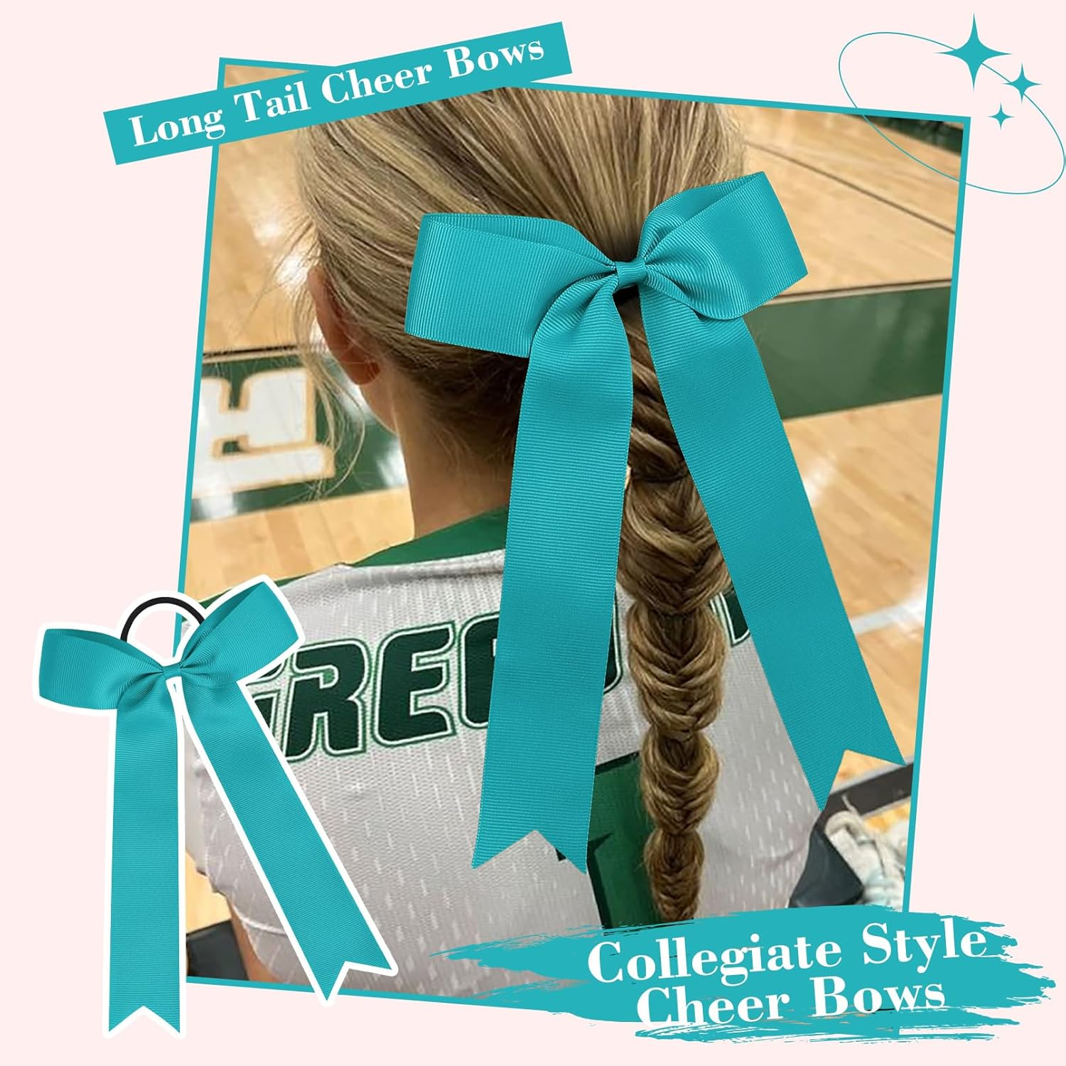 CEELGON 20 PCS College Style Cheer Bows Collegiate Long Tail Skinny Bow Elastic Hair Tie for Teens Girls Softball Competition Sports Cheerleaders (Teal) - Light Blue image number 3