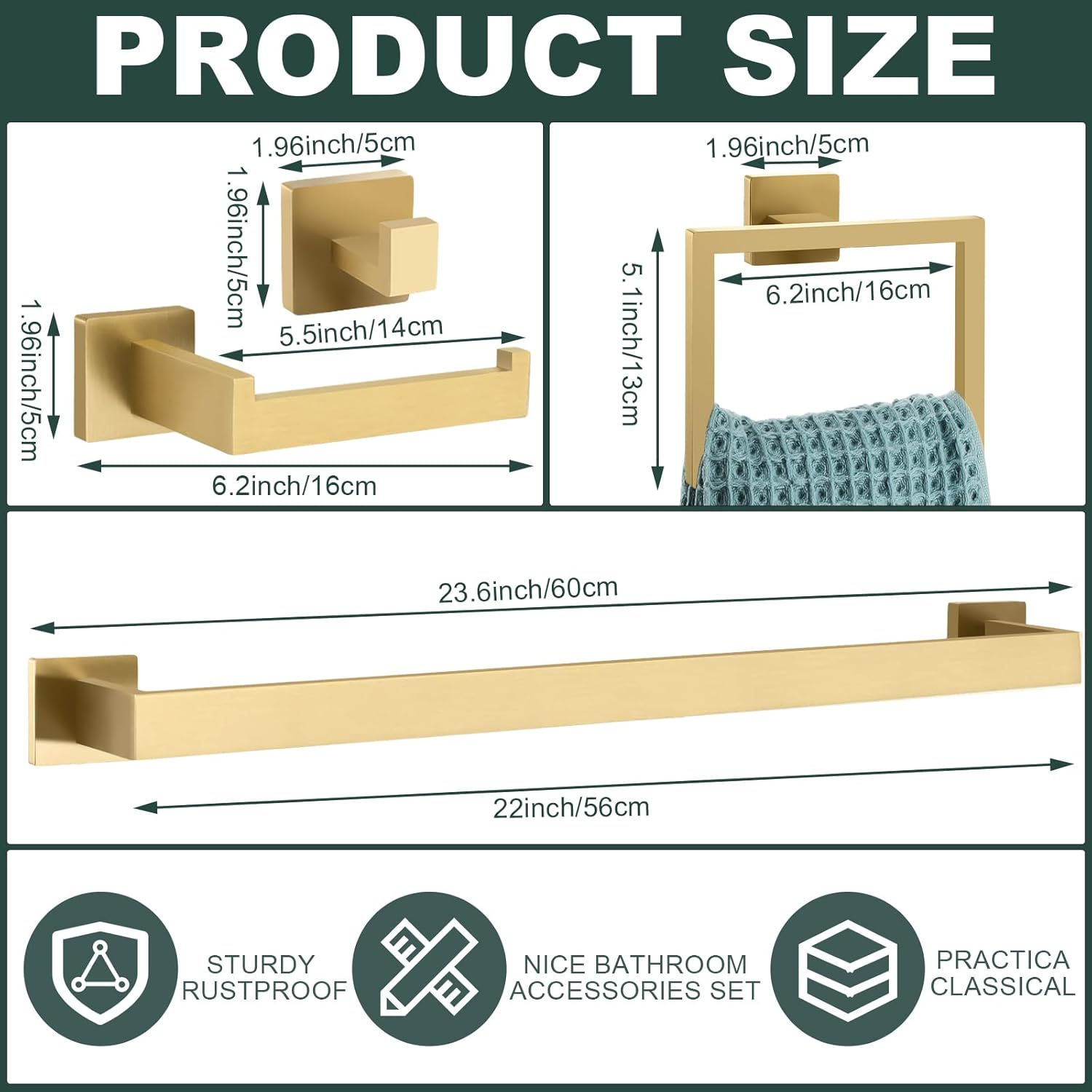 Gisafai 15 Pcs Bathroom Hardware Accessories Set, 23.6 Inch Bath Towel Bar Kit, Stainless Steel Bathroom Hardware Set, Towel Racks for Bathroom Wall Mounted (Brushed Gold) - Silver image number 5