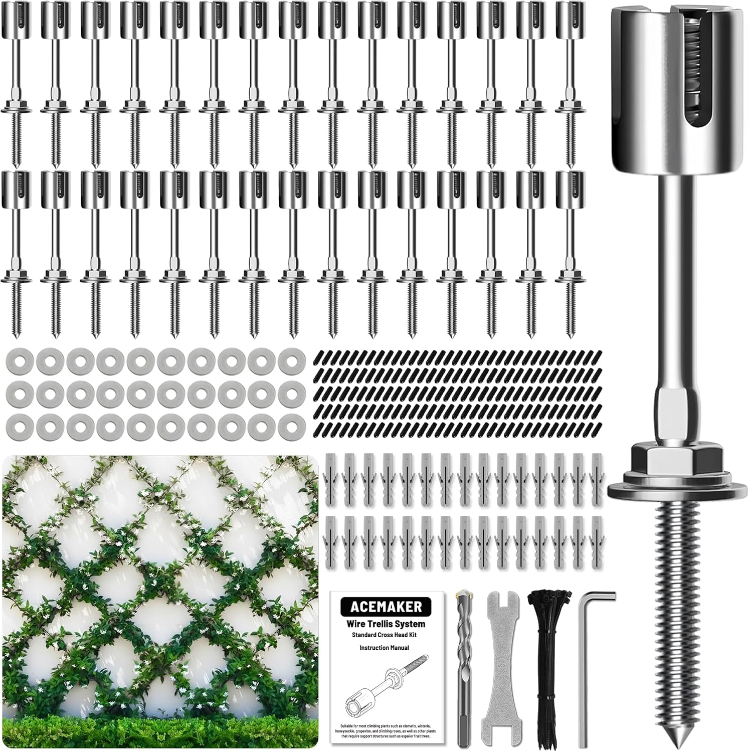 Wire Trellis for Climbing Plants Outdoor, 20-Set Wall Wire Trellis Kit with 1/8In X 98Ft Stainless Steel Cable, T316 Cylindrical Espalier System for Fence and Garden DIY Projects