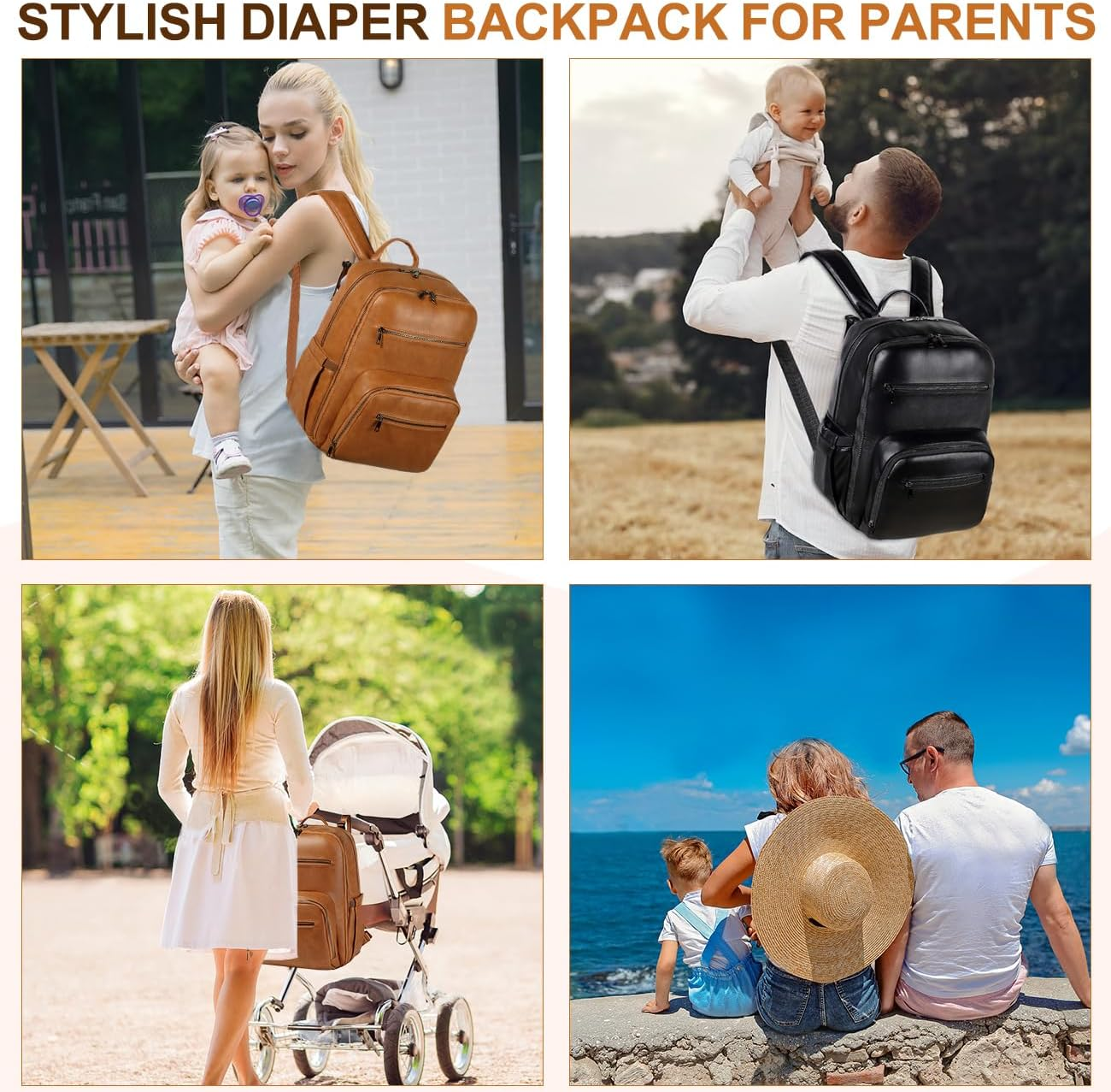Diaper Bag Backpack, VASCHY Unisex Large Waterproof Vegan Leather Baby Nappy Bag with Changing Pad,Insulated Pockets,Padded Laptop Sleeve for for Mum,Dad,Travel,Business