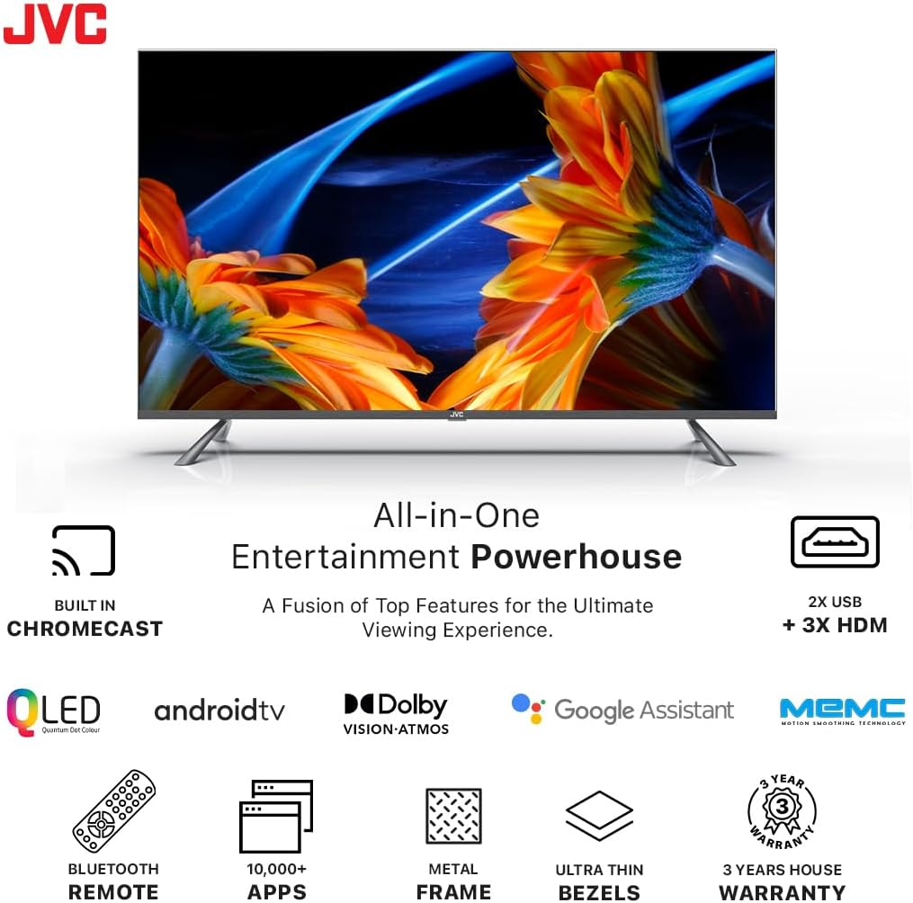 JVC 75 Inch UHD 4K QLED Android TV | Dolby Vision & Atmos | Ultra-Thin Bezels | Google Play Store & Chromecast Built-In | MEMC Tech | Netflix, Youtube, + More | Metal Frame | AV-JQ757115A