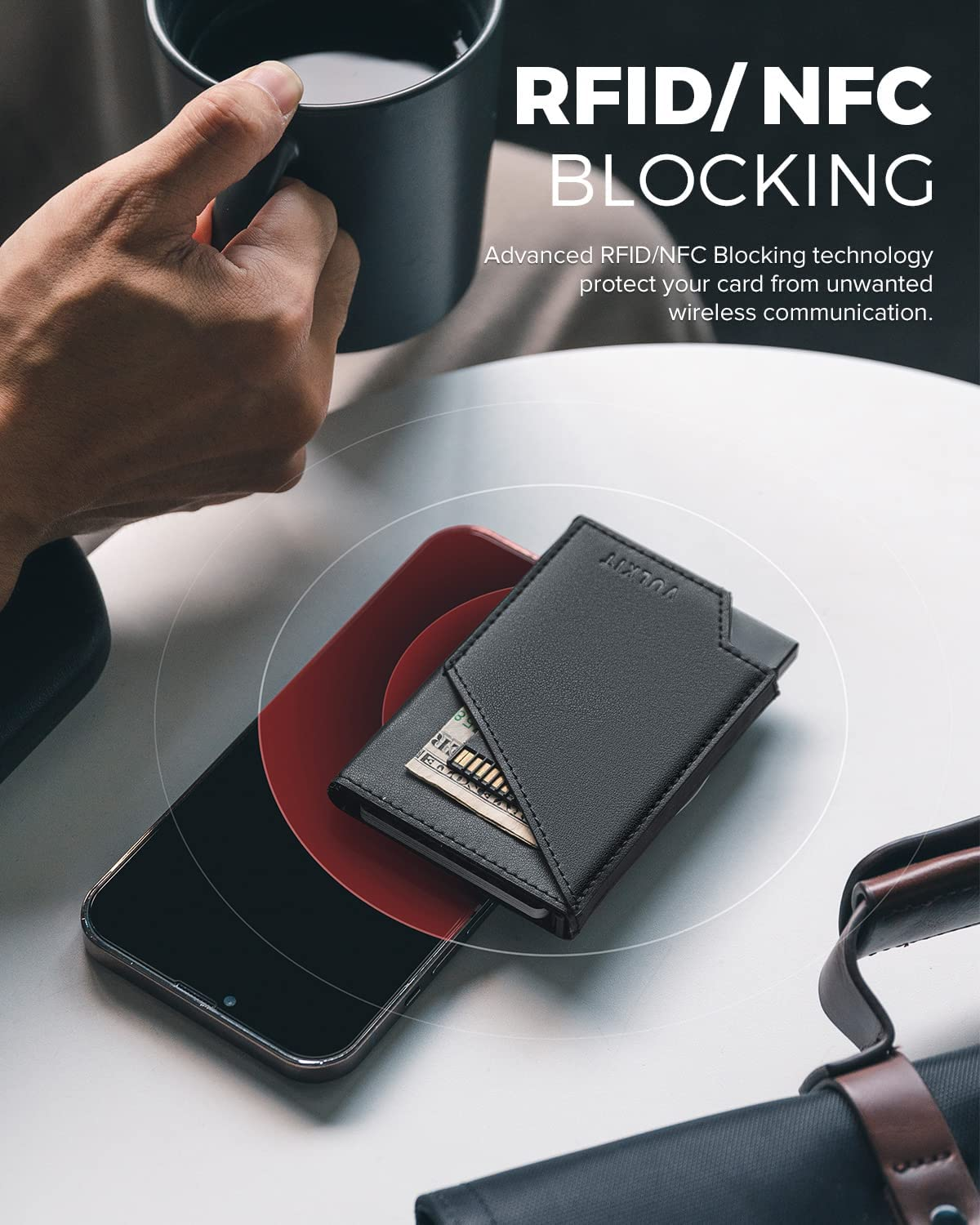 VULKIT Minimalist Slim Wallet for Men Pop up Card Holder RFID Blocking with Money Pocket for Cash & Credit Cards Black image number 4