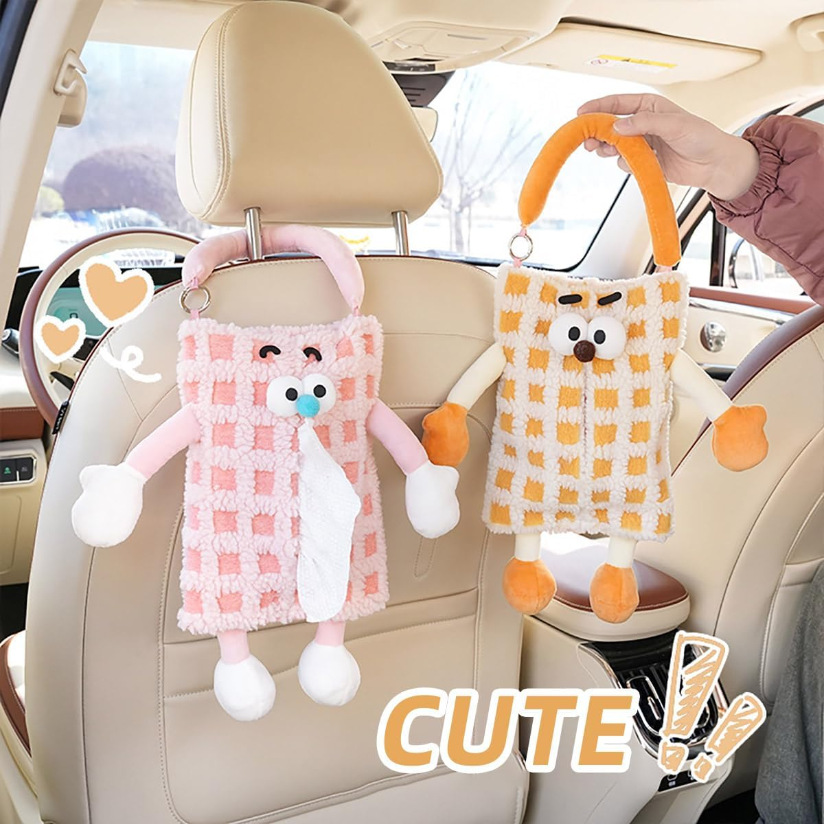 AIMALL Cute Monster Stripe Plaid Car Tissue Holder, Plush Backseat Hanging Dispenser, Car Accessories Storage Solution - Blue image number 3
