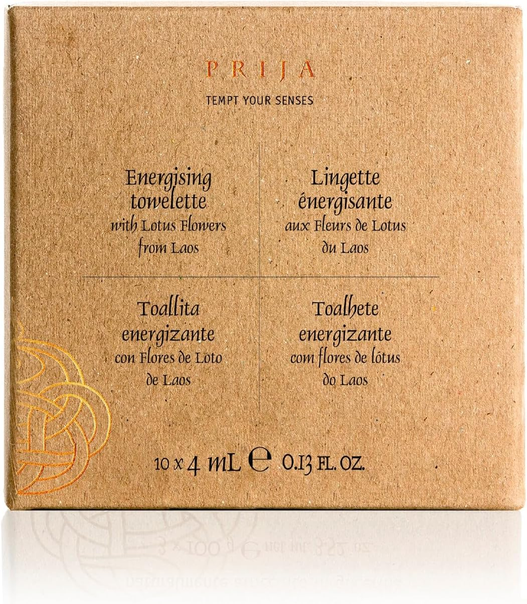 Prija Energising Towelettes Gift Pack for Sanitasing and Moisturising Hands, Luxurious Travel Wet Wipes with Lotus Flower, Premium Natural Viscose Wipes in Gift Box 10 X 4Ml image number 6