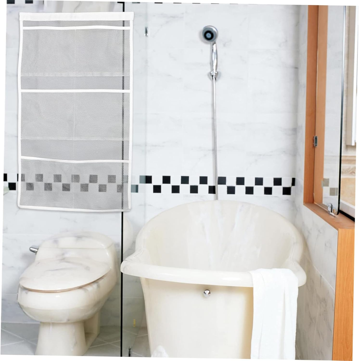 WATIIFUFU White Mesh Shower Organizer Hanging Bag with Space-Saving Bathroom Accessories for Boy Girl and Adults Tidy Storage for Shower Curtain Rod Easy to Fold When Not in Use image number 5