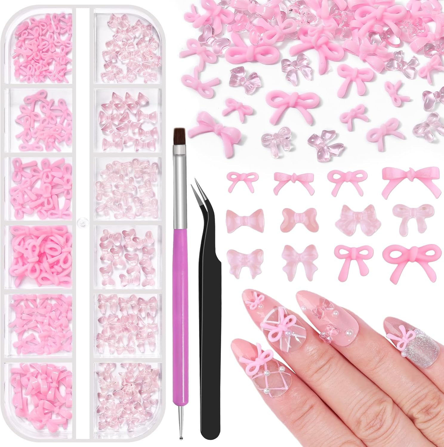 4 Boxes 3D Bow Nail Charms, Black/Silver/Gold Bows Charms Cute Resin Nail Bow Assorted Luxury Metal Bowknots with Pickup Tools for Women Nails Design Crafts DIY