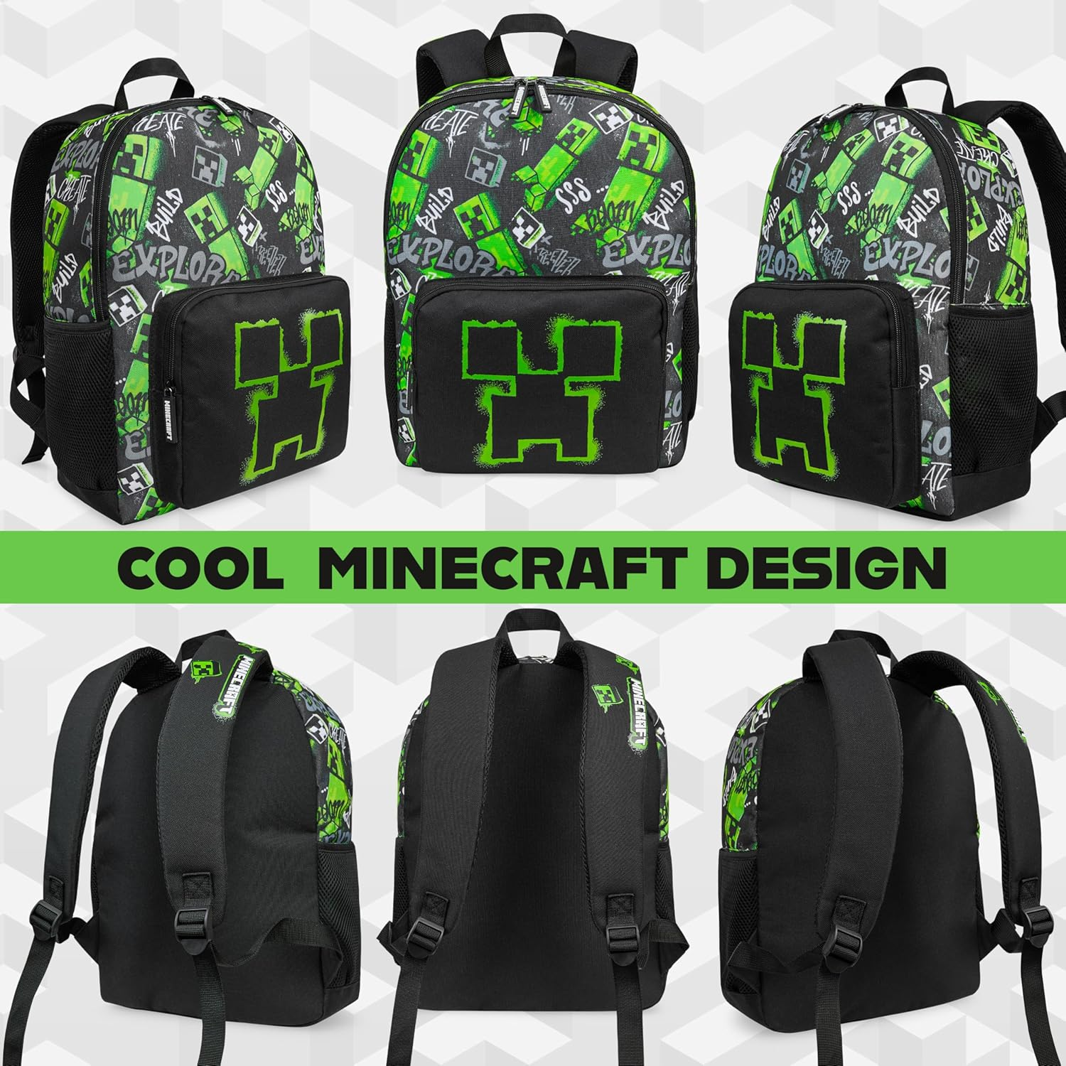 Minecraft Backpacks for Kids Creeper Boy Bag with Zipped Pockets Adjustable Straps image number 4