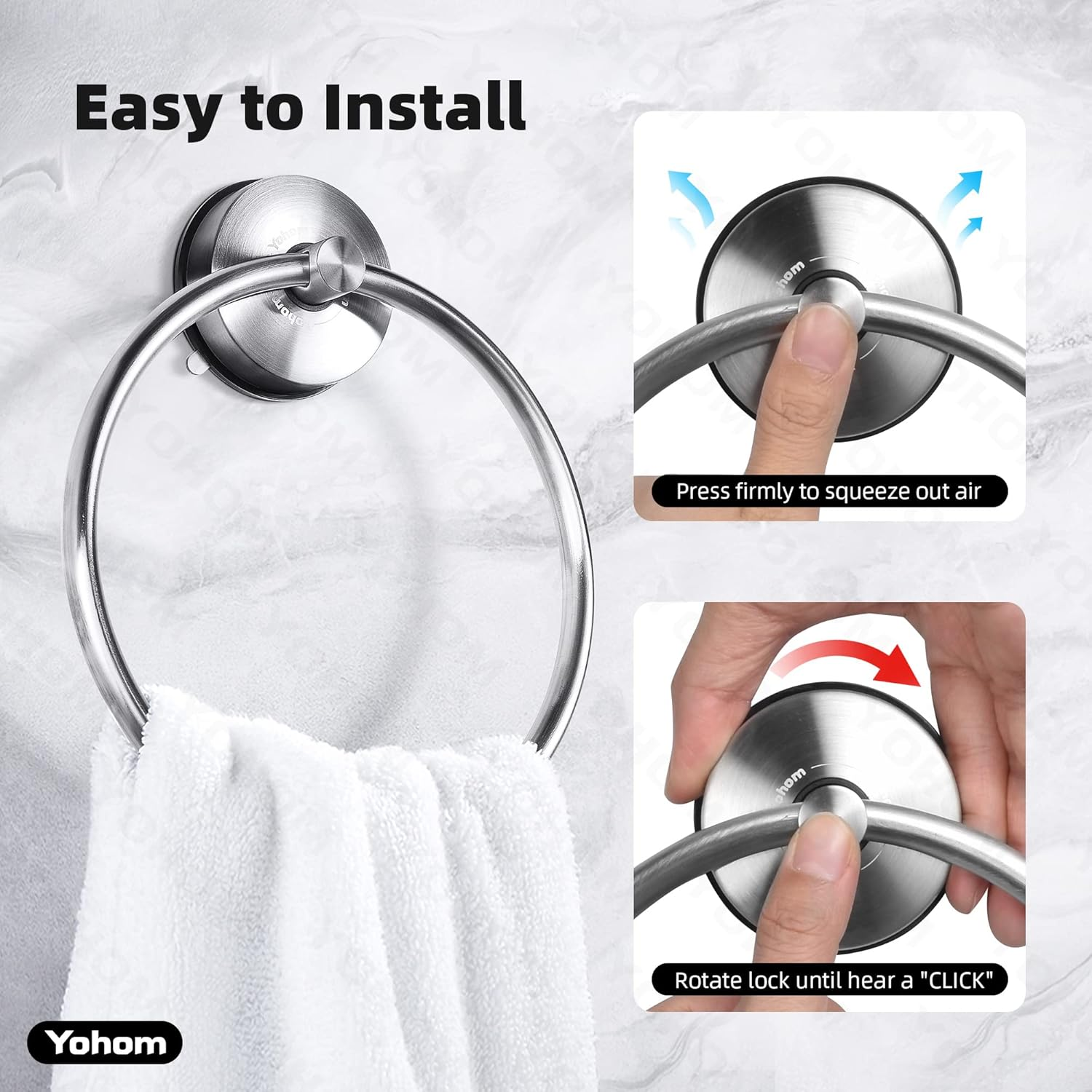 YOHOM Suction Towel Ring for Bathroom Kitchen Hand Towel Holder Suction Cup Stainless Steel Vacuum Shower Towel Rack Wall Mounted Bath round Tea Towel Hanger for Glass No Drilling Brushed image number 2