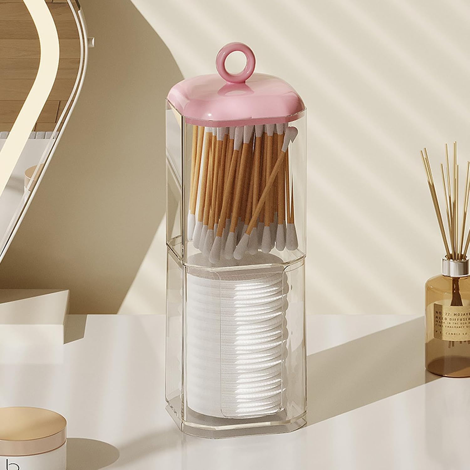 Reignsword Double Layer Cotton Swab Holder Dispenser, Plastic Storage Containers with Lid for Bathroom Vanity Countertop, Clear Bathroom Canisters for Cotton Swab, Ball, Cotton Pad (Pink) image number 4
