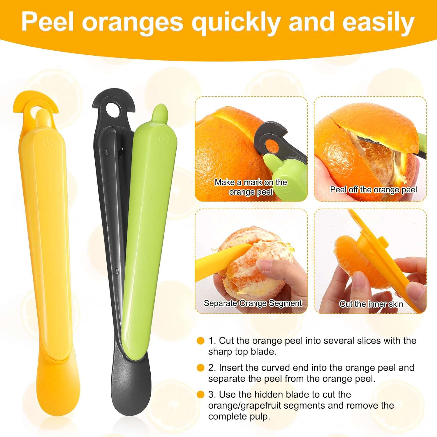 2Pcs 5-In-1 Orange Peeler, Stainless Steel Fruit Peeler Kitchen Gadgets Orange Peeler Grapefruit Pomelo Peeler Tool Citrus Peel Cutter, Easy to Peel for Home Kitchen Use (Green, Yellow) image number 2