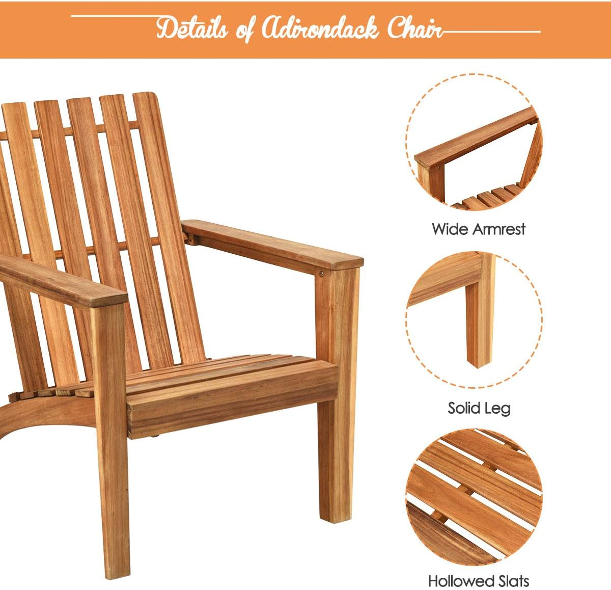 Costway Wood Adirondack Chair, Patio Lounge Chair with Ergonomic Backrest and Armrest, Sturdy Wooden Structure, Classic Outdoor Adirondack Chair for Deck, Yard, Garden (Natural) - Gray image number 7