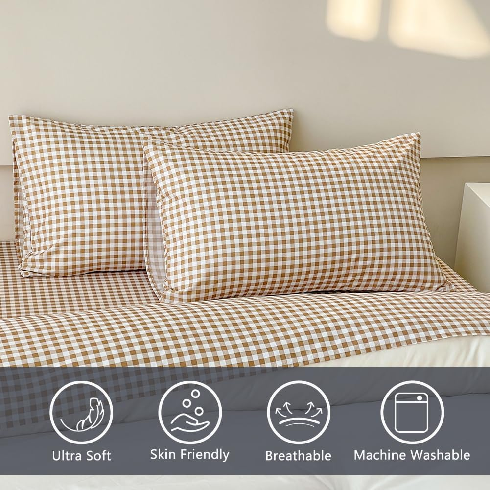 NSNLGSGC Tan Gingham Queen Sheet Set, Soft Brushed Microfiber Taupe Plaid Queen Bed Sheets, 4-Pieces Brown Grid Sheet Set with Deep Pocket