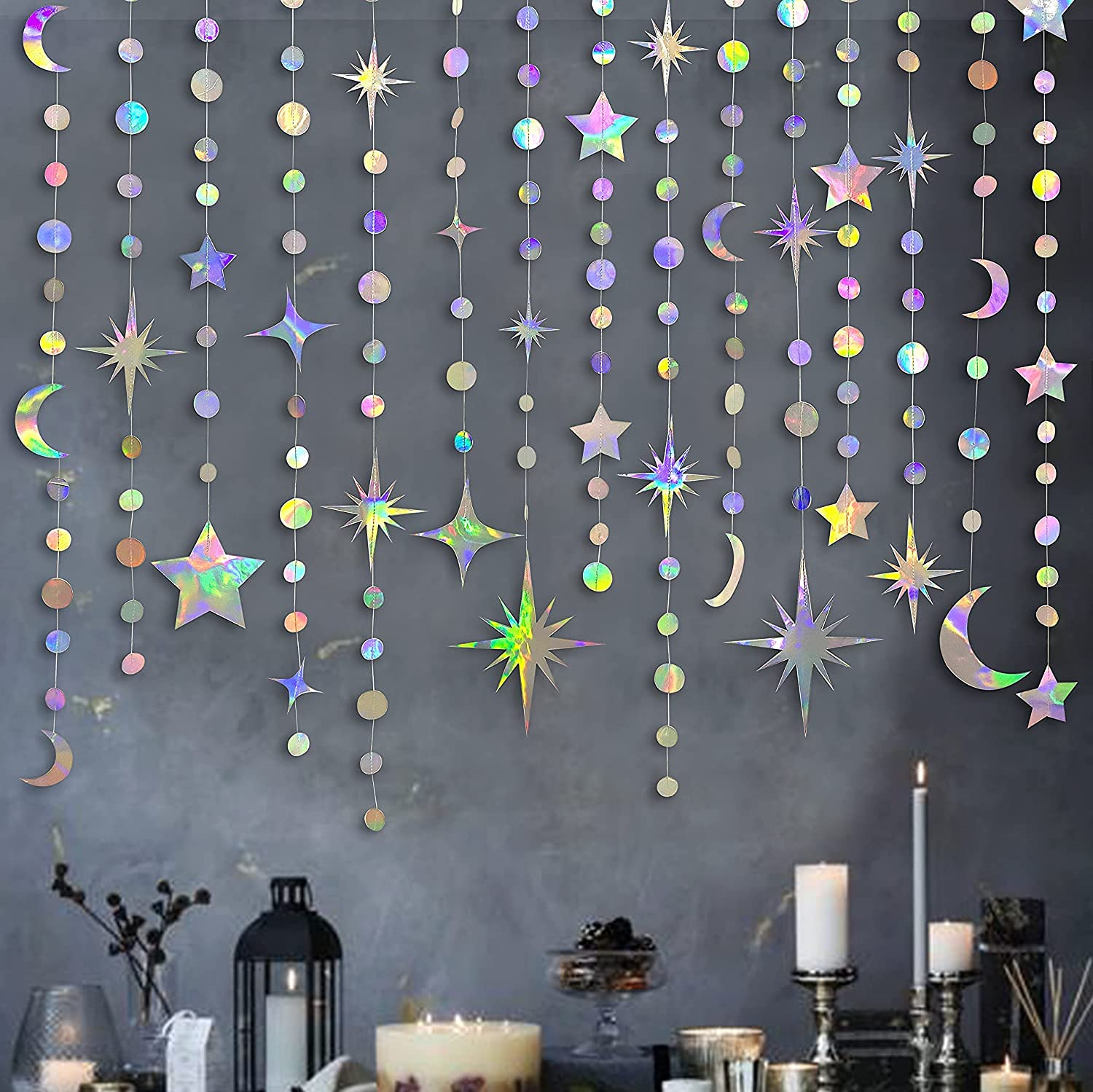Iridescent Moon Star Polka Dot Garland Holographic Hanging Circle Dot Twinkle Star Streamer Bunting Banner for Birthday Baby Shower Wedding Bridal Shower Ramadan EID Mubarak Party Decorations Supplies image number 1