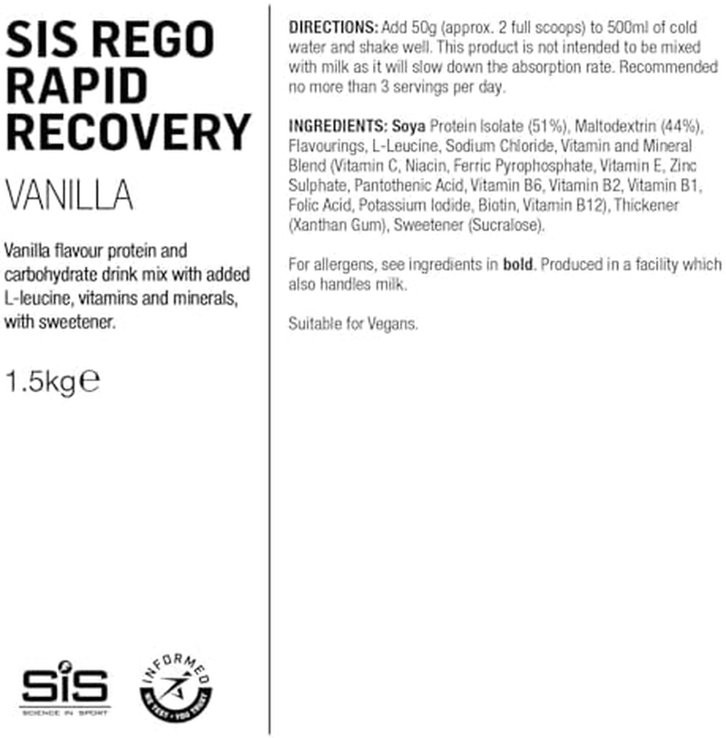 Science in Sport REGO Rapid Recovery Protein Powder | Vegan Protein Powder with Added L-Leucine, Vitamins and Minerals for Muscle Recovery | Vanilla, 30 Servings, 1.5Kg image number 5