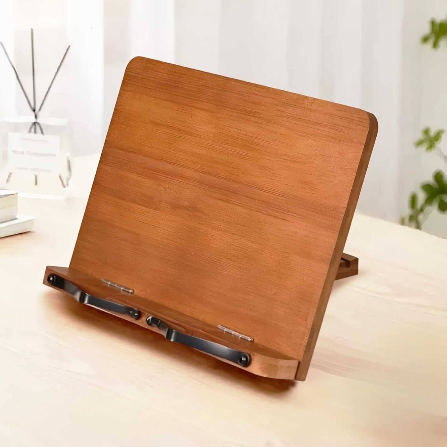 Book Stand for Reading Bamboo Cookbook Stand for Kitchen Adjustable Foldable Book Holder with Page Holder Clips Height Adjustable for Tablet Textbook Laptops Music Books Documents (Medium Brown) image number 4