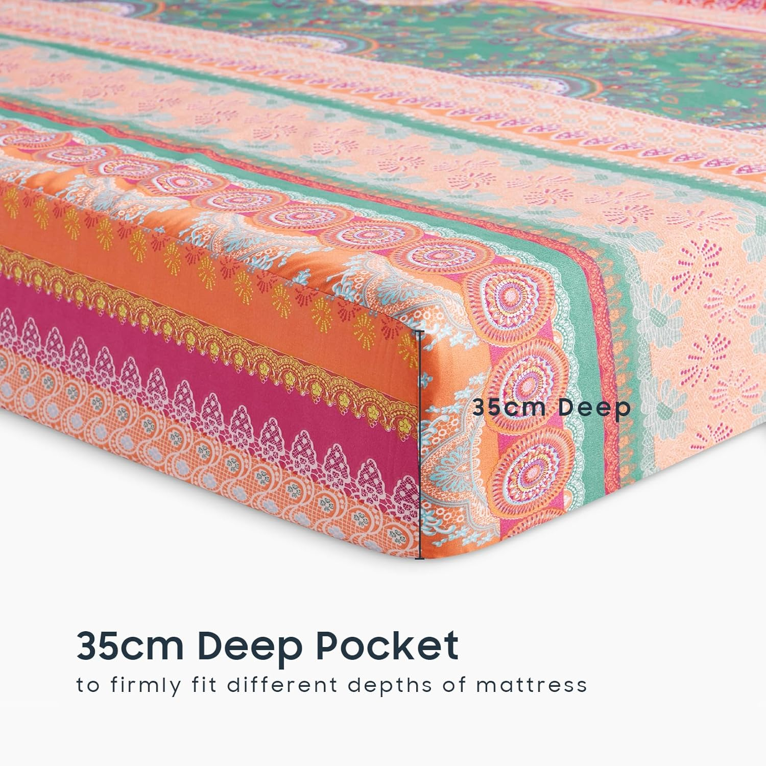 Wake in Cloud - Boho Bed Sheets Set, Soft Microfiber Bohemian Mandala Pattern Printed Bedding, Extra Deep Fitted Sheet & Flat Sheet & 2 Pillowcases, 4 Pieces, Orange Coral, Queen Size image number 4