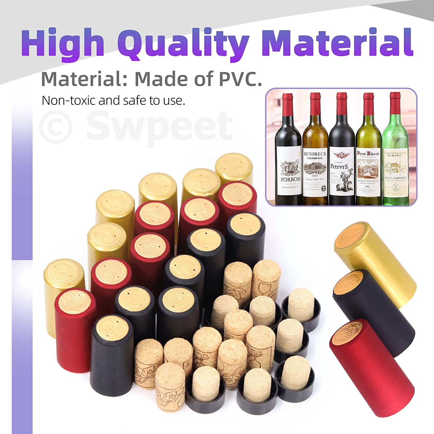 Swpeet 100Pcs 3 Colors Gold Black Red PVC Heat Shrink Capsules and Wine Bottle Cork Stopper with Black Plastic Top Assortment Kit, Wine Shrink Wrap Wine Bottle Corks for Wine Bottles image number 1