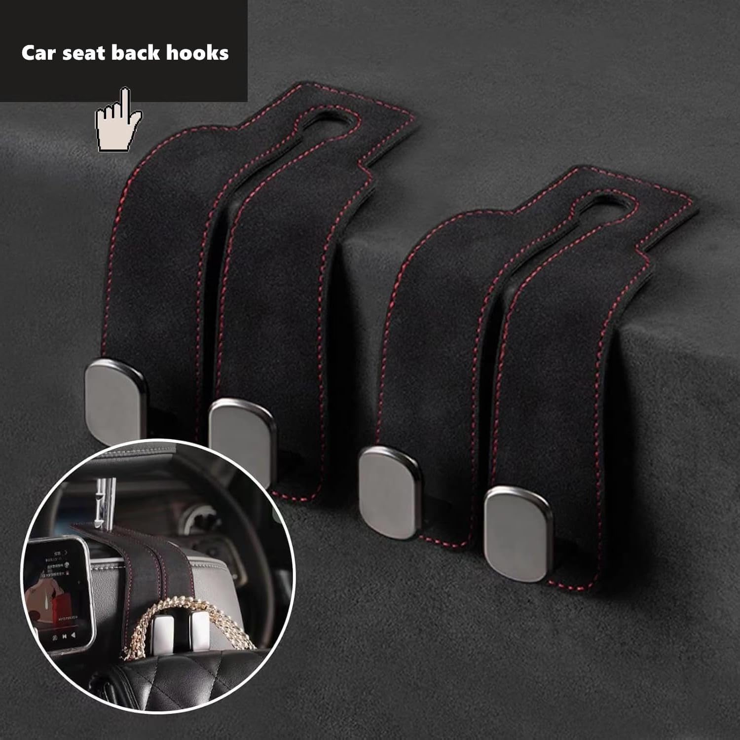2 Pcs Leather Car Seat Headrest Double Hooks,Double Headrest Hooks Purse Holder & Mobile Phone Holder, Car Hanger Storage Car Seat Back Organizer for Bags, Purses, Handbags(Black) image number 4