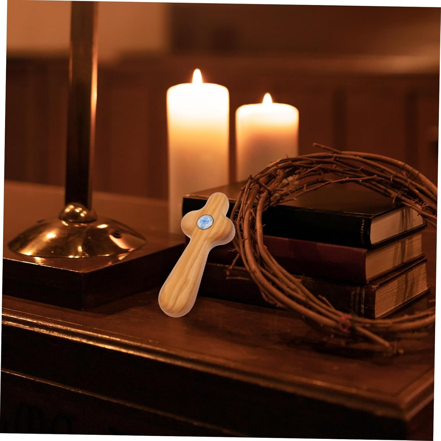 KALLORY Small Handheld Olive Wood Cross for Baptism and Confirmation Unique Artisan Crafted Christian Pocket Prayer Cross for First Holy Communion and Religious Ceremonies image number 2