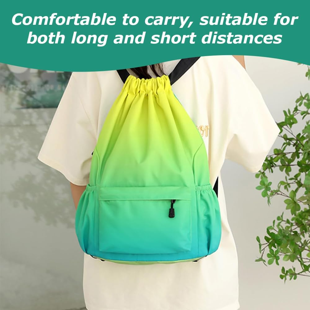 Drawstring Backpack,Waterproof Drawstring Bag,Storage Backpack,Outdoor Travelling Bag,For Sports, Work,For Men Women,With outside Zipper Pocket (Yellow Green Gradient) image number 5