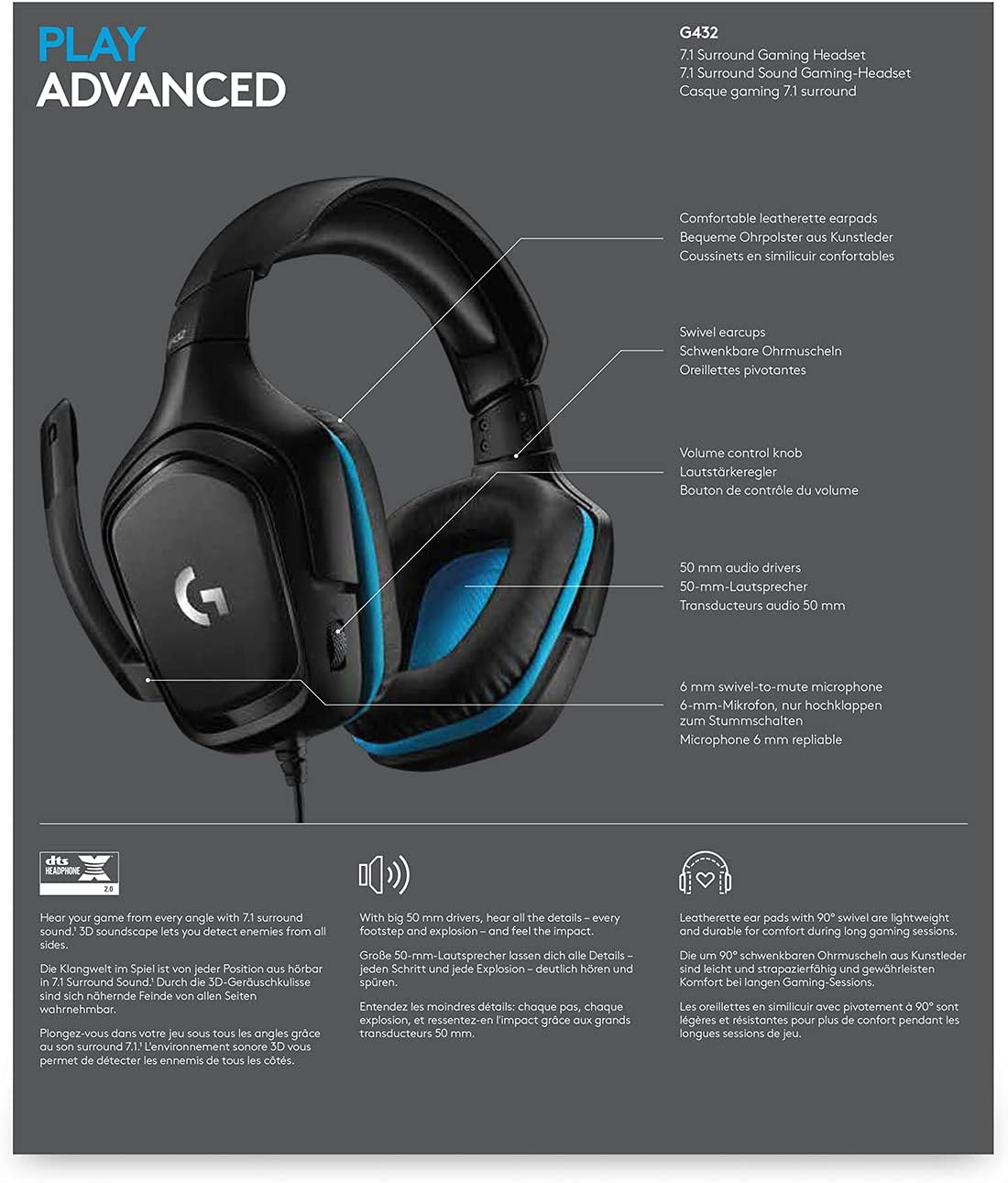 Logitech G432 Wired Gaming Headset, 7.1 Surround Sound, DTS Headphone:X 2.0, 50 Mm Audio Drivers, USB and 3.5 Mm Audio Jack, Flip-To-Mute Mic, Lightweight, Pc/Mac/Xbox One/Ps4/Nintendo Switch - Black image number 4