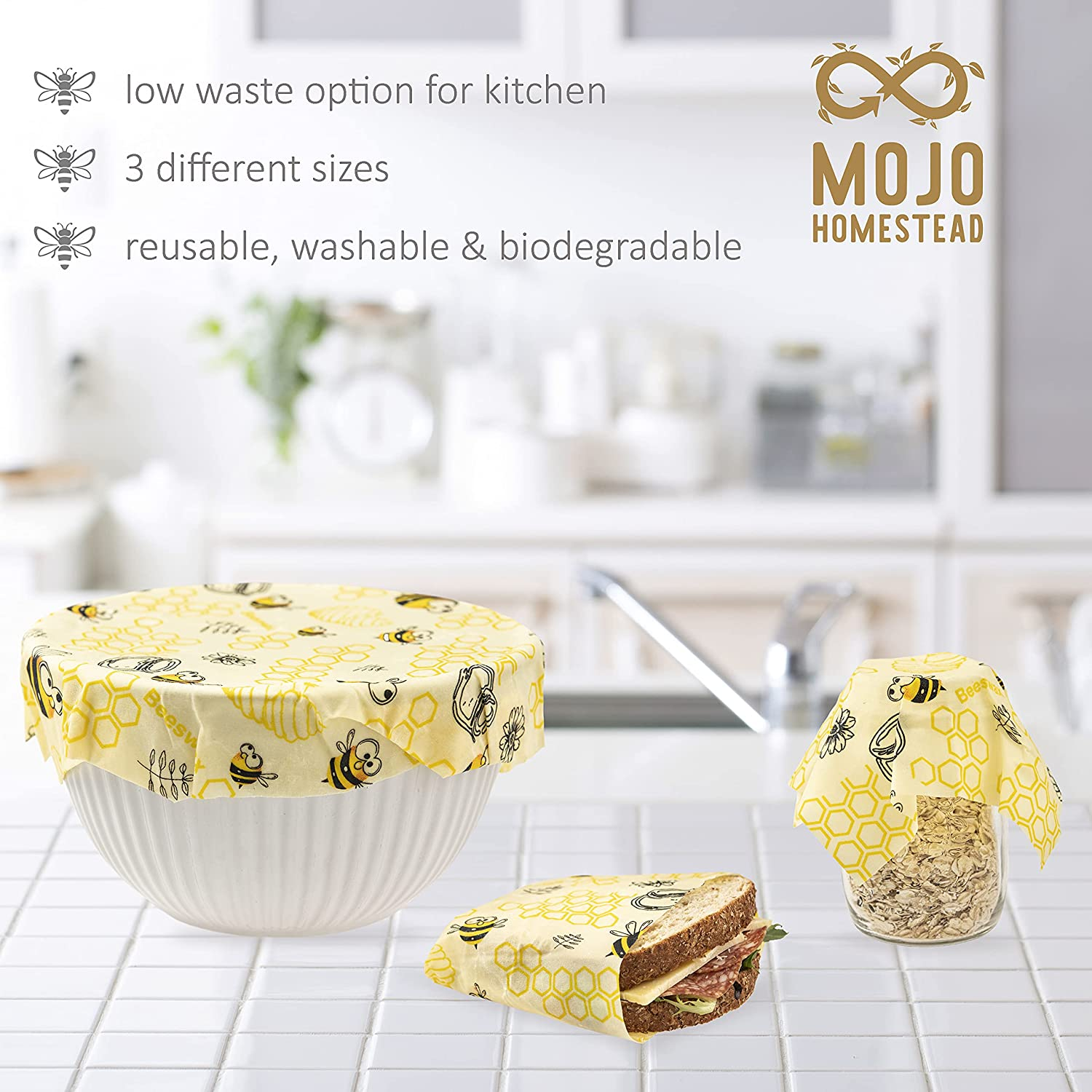Beekeeper and Australian Farmer Approved Organic Reusable 3 Pack Beeswax Food Wraps by Mojo Homestead - Eco-Friendly, Zero-Waste, Biodegradable, Easy Clean, Keeps Food Fresh, No Plastics, FDA Approved