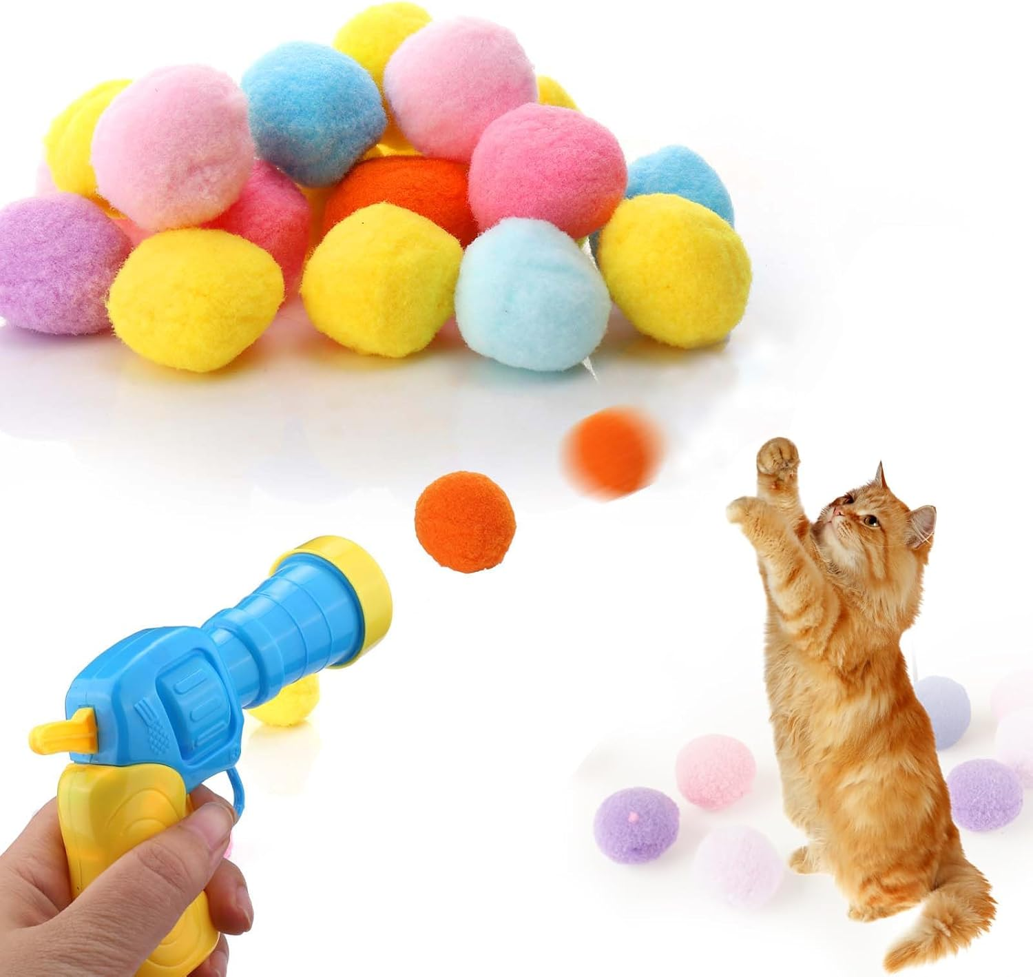 Cat Toy Ball Launcher,30Pcs Pompom Ball and 1 Ball Toy Launcher,Colorful and Soft Interactive Cat Balls, Funny Interactive Cat Toys image number 3