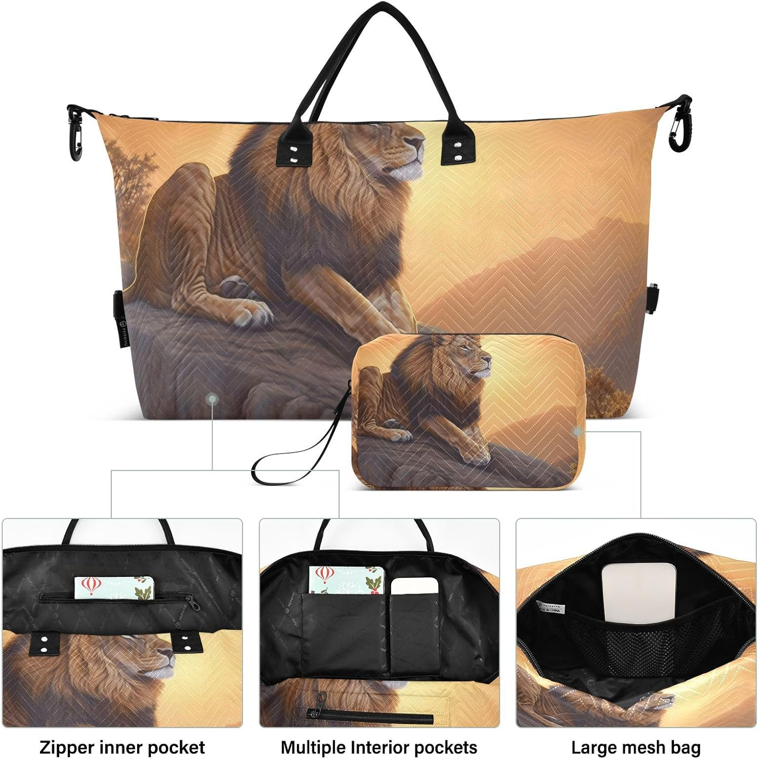 XYMZR Large Travel Duffel Bag, Lion Rock Sports Tote Gym Bag, Shoulder Weekender Overnight Bag for Women Men, Carry on Luggage with Toiletry Bags, Multi-Colored, Multi-Colored image number 2