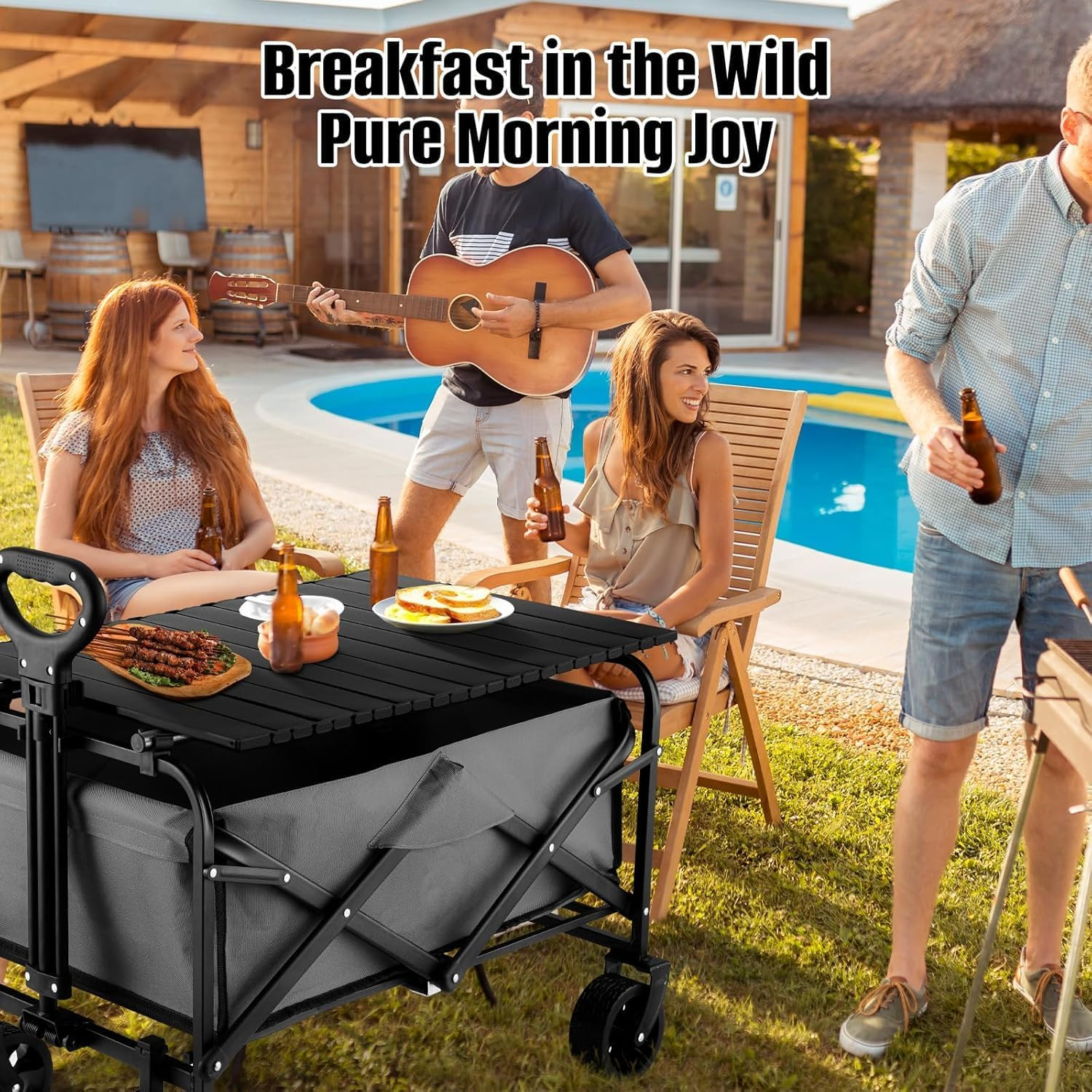 Portable Folding Wagon Tabletop, Black Aluminum Board 34X21 Inch, Heavy-Duty 68 LBS Capacity for Outdoor Camping, Party, Family Activities image number 3