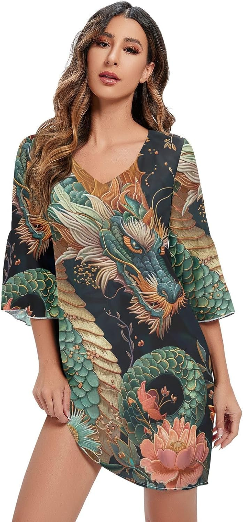 Green Dragon Vintage Chinese Flowers Short Dress Printed Line Maternity Dress S-XXL image number 1