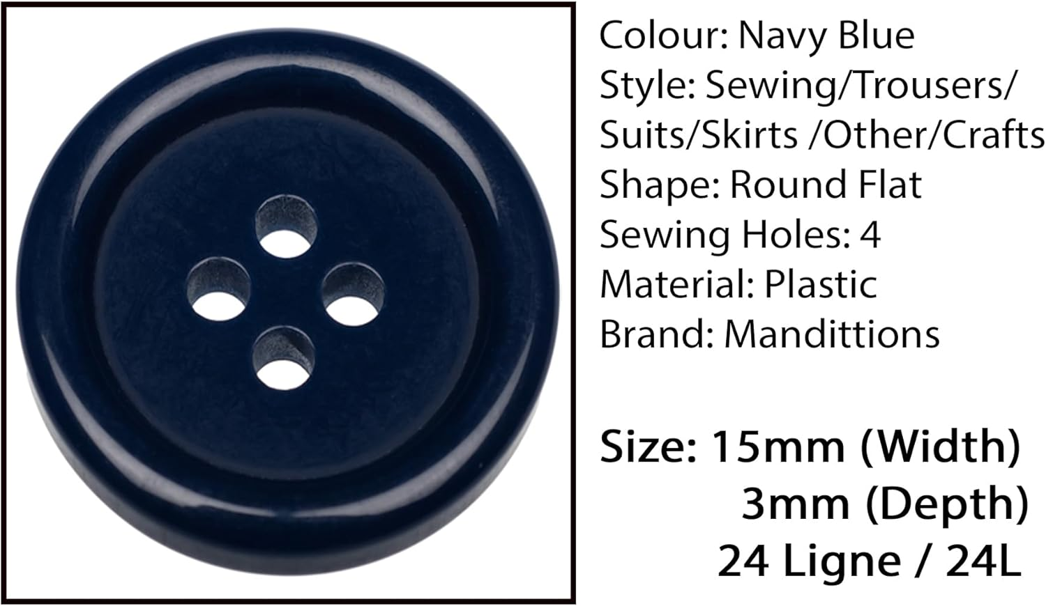 Pack of 24 Dark Blue Sew on 15Mm round Buttons Flat 4 Holes 24L 24 Ligne image number 7