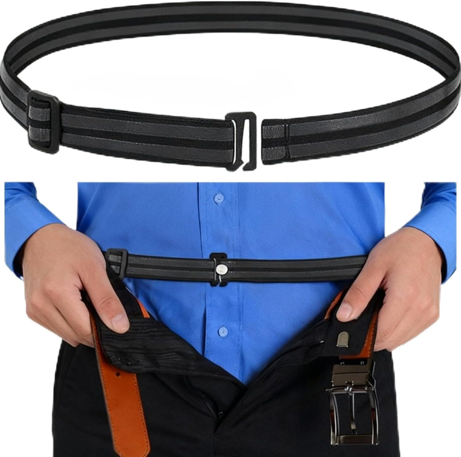 BOROLA Elastic Shirt Stay Belt for Men, Non-Slip T-Shirt Tucker, Invisible No-Show Stretch Belt for Business Shirts & Casual Wear, Adjustable Waistband for Tucked-In Shirts (Black)