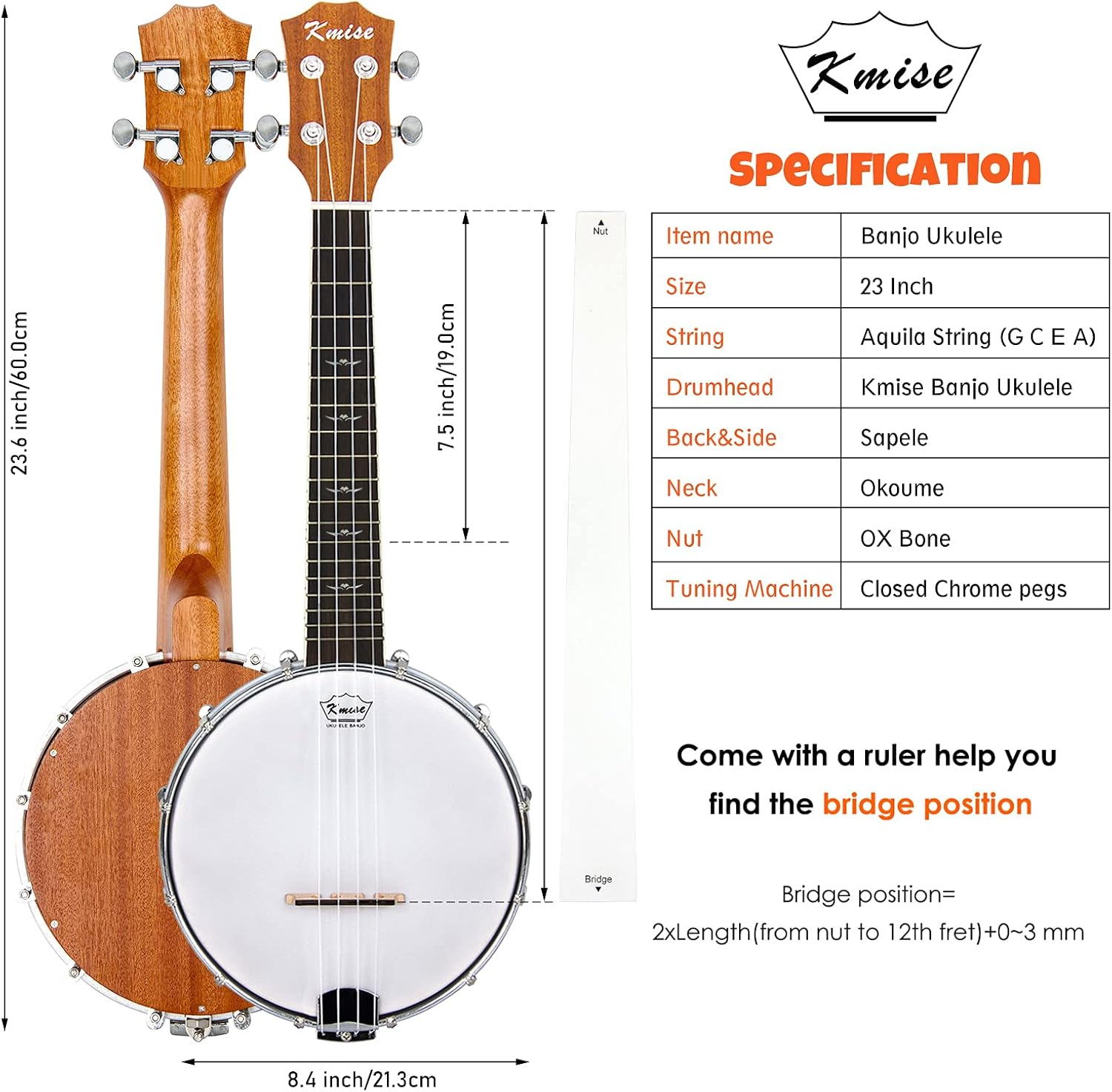 Kmise, 4-String Banjo, Beige, 23 Inches (CR2032)
