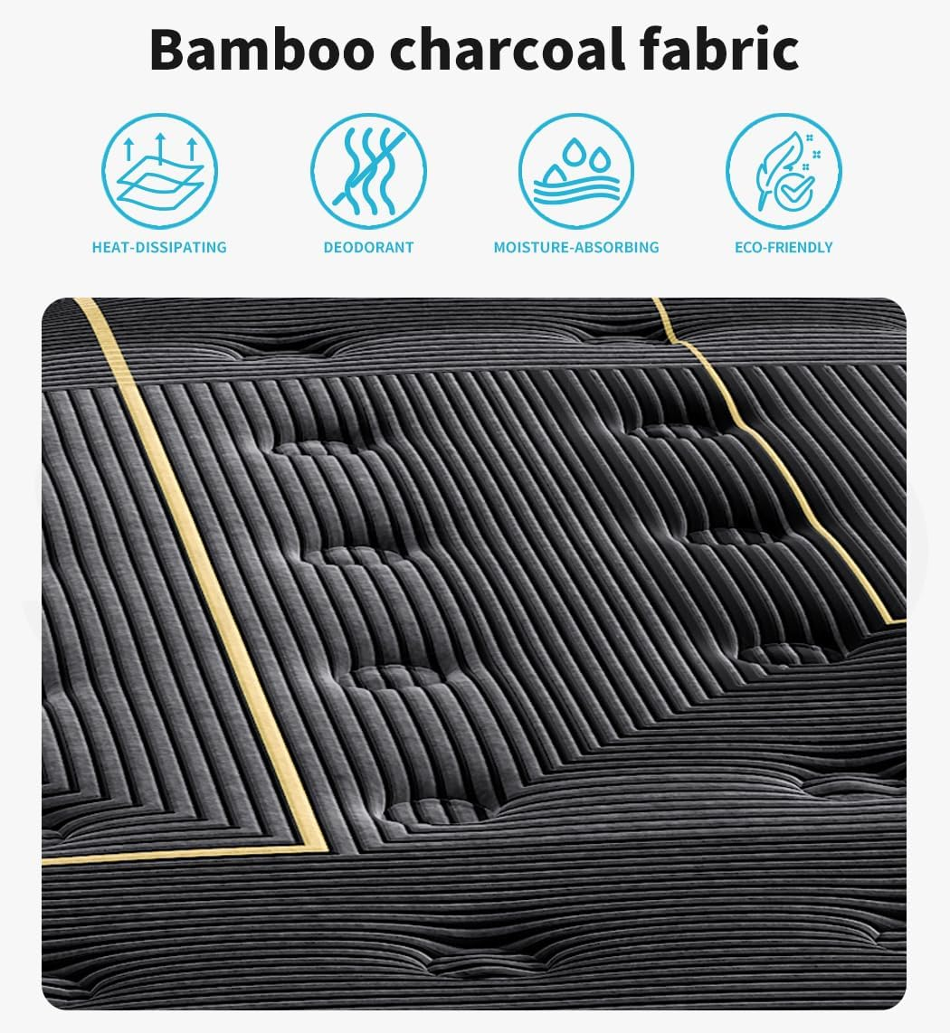Dreamz Queen Spring Mattress Bamboo Charcoal, Knitted Fabric Pocket Bed Sleep, HD Egg Crate Foam Euro Top Firm Coil Bedding Home, Breathable Top,Vacuum Packed, 35CM Thickness,15Yrs Warranty, Black image number 4