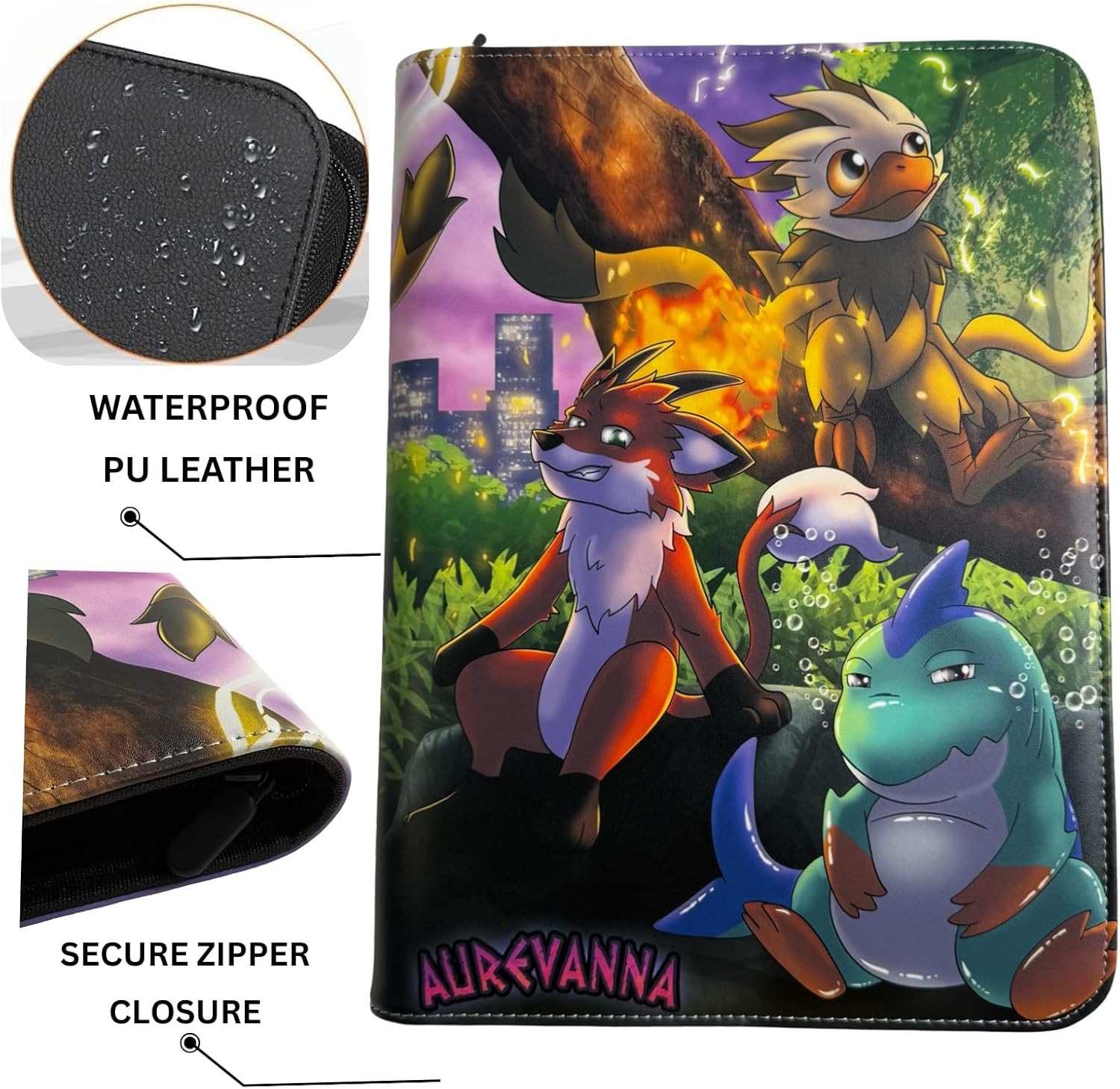 Aurevanna 9-Pocket Trading Card Binder with Zipper &ndash; Compatible with TCG, MTG, Yu-Gi-Oh, and Card Sleeves &ndash; Waterproof PU Leather, Archival-Safe Card Storage Album Organizer &ndash; Side Loading Pockets image number 5