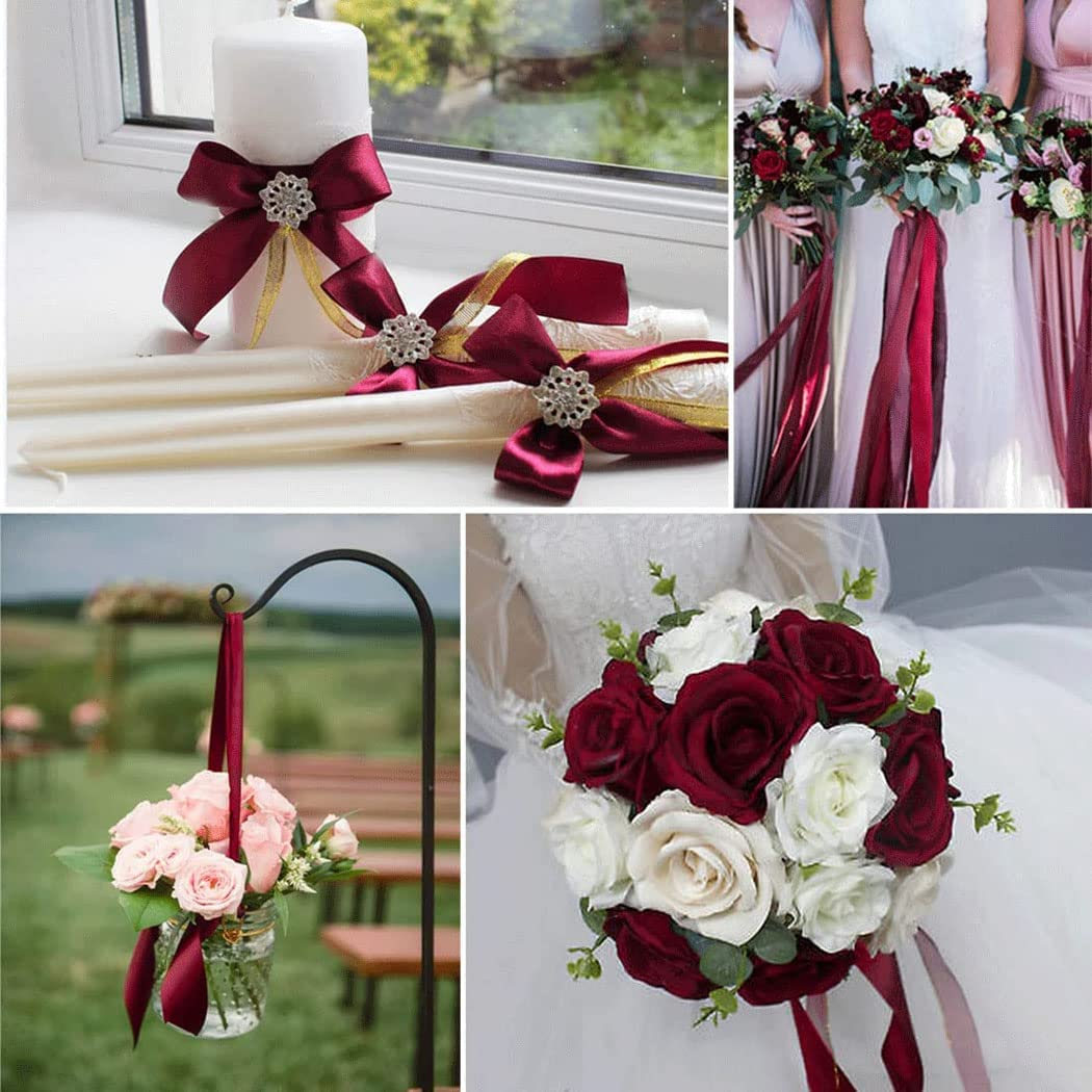 Wine Red Satin Ribbon 1 Inch X 50 Yards, Solid Color Fabric Ribbon for Gift Wrapping, DIY Crafts, Hair Bows Making, Wreath, Wedding Party Decoration and Sewing Projects (Wine Red) - Red image number 7