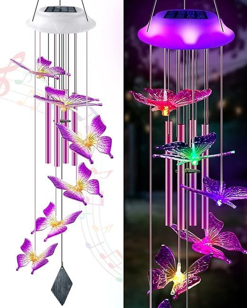 Purple Butterfly Solar Wind Chimes, Valentines Day Gifts for Him, Glowing Top Color Changing Moblie LED Wind Chime for Outside, Outdoor Home Party Garden Decor Light image number 2
