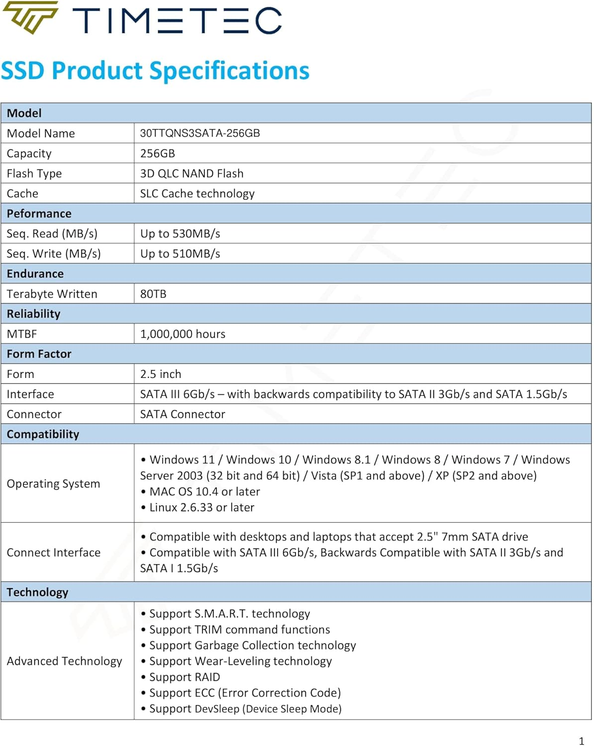 Timetec 256GB SSD 3D NAND SATA III 6Gb/S 2.5 Inch 7Mm (0.28") Read Speed up to 530 Mb/S SLC Cache Performance Boost Internal Solid State Drive for PC Computer Desktop and Laptop (Pinnacle) image number 3