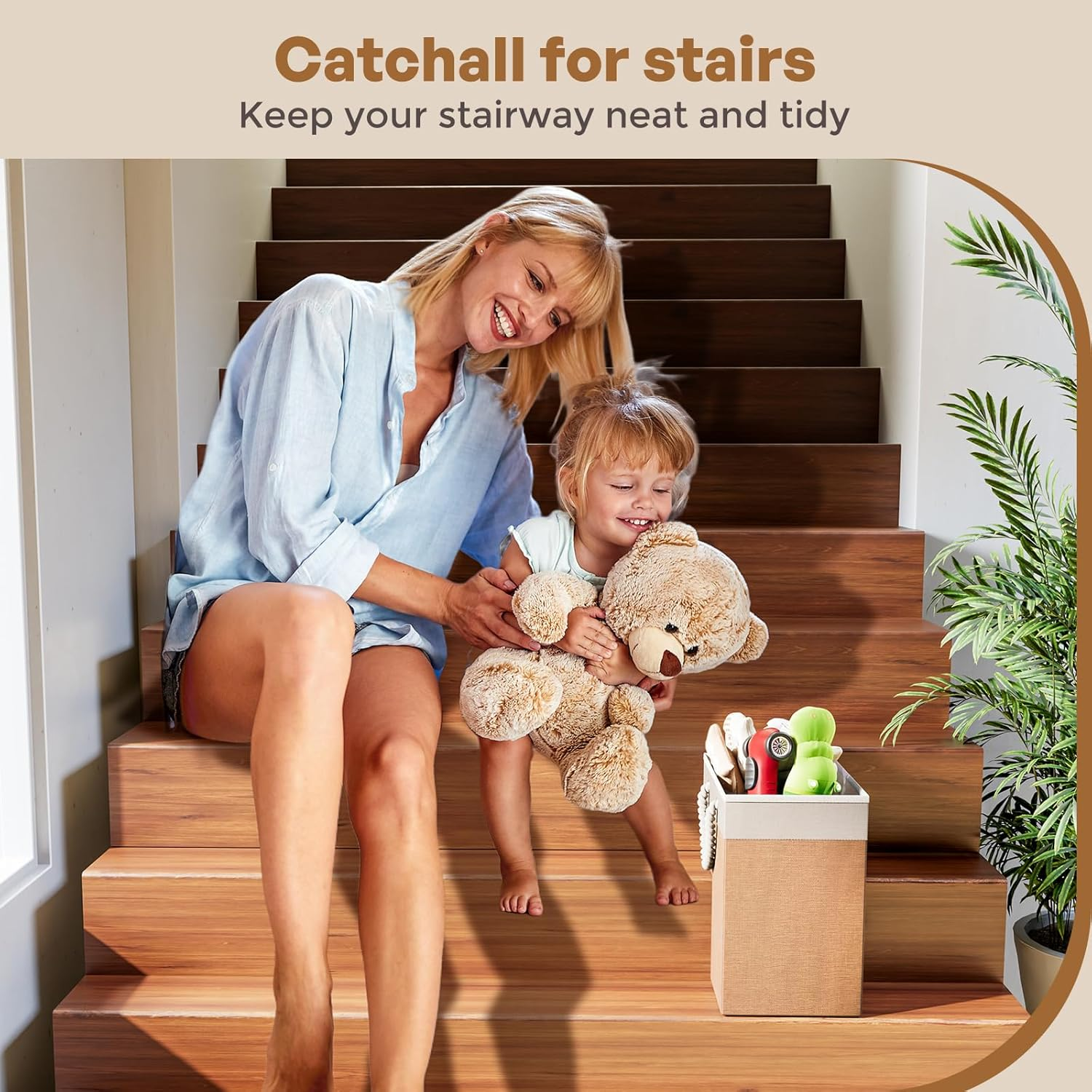 Puricon 2 Pack Stair Basket for Wooden Stairs, Stair Flax Step Storage Basket with Rope Handles Foldable Durable Staircase Storage Organizer for Home Carpeted Stairs -Apricot image number 5