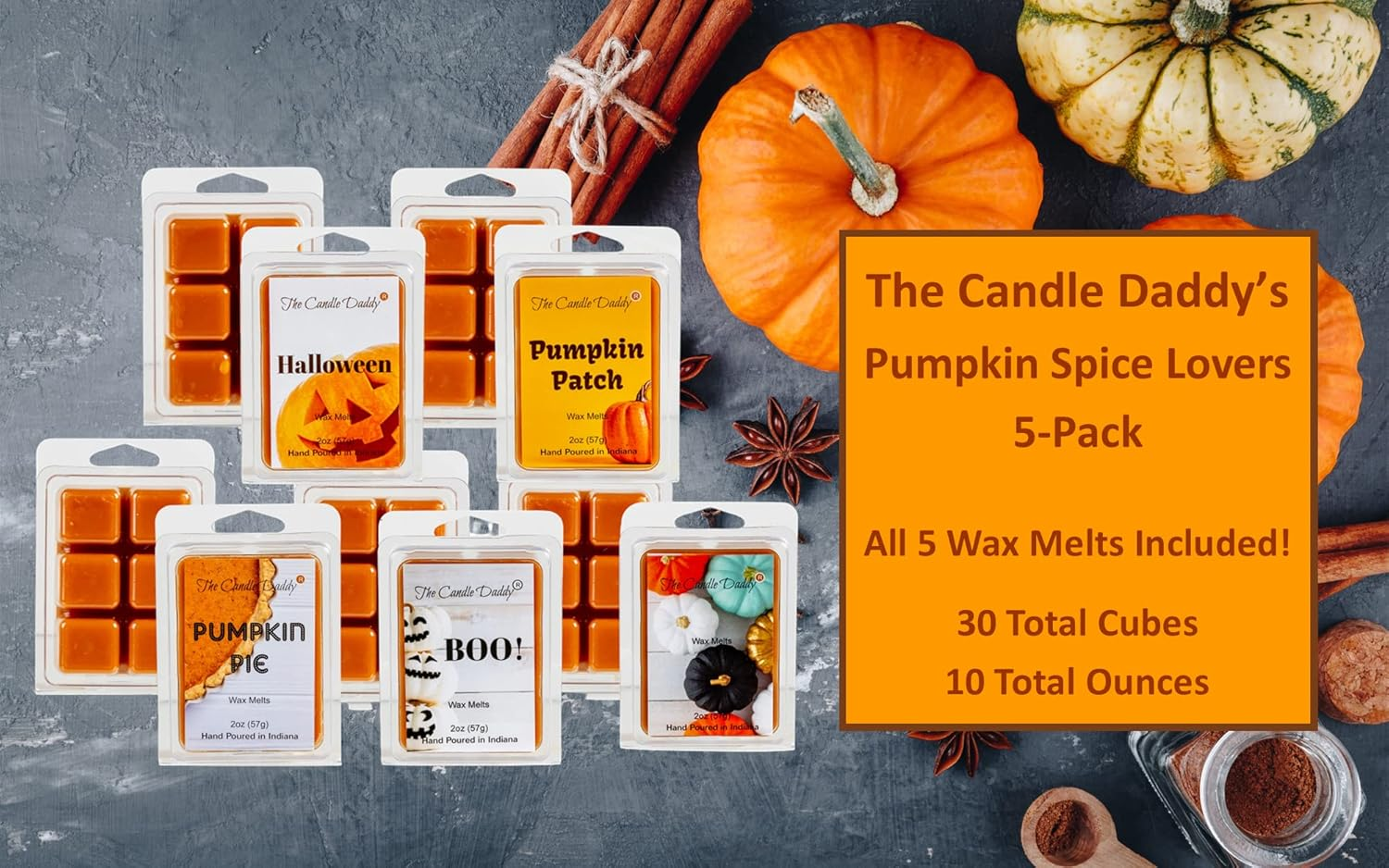 The Candle Daddy Pumpkin Spice Lovers 5 Pack - 5 Amazing Fall Pumpkin Scented Wax Melts - 30 Total Cubes - 10 Total Ounces - Harvest Aromas