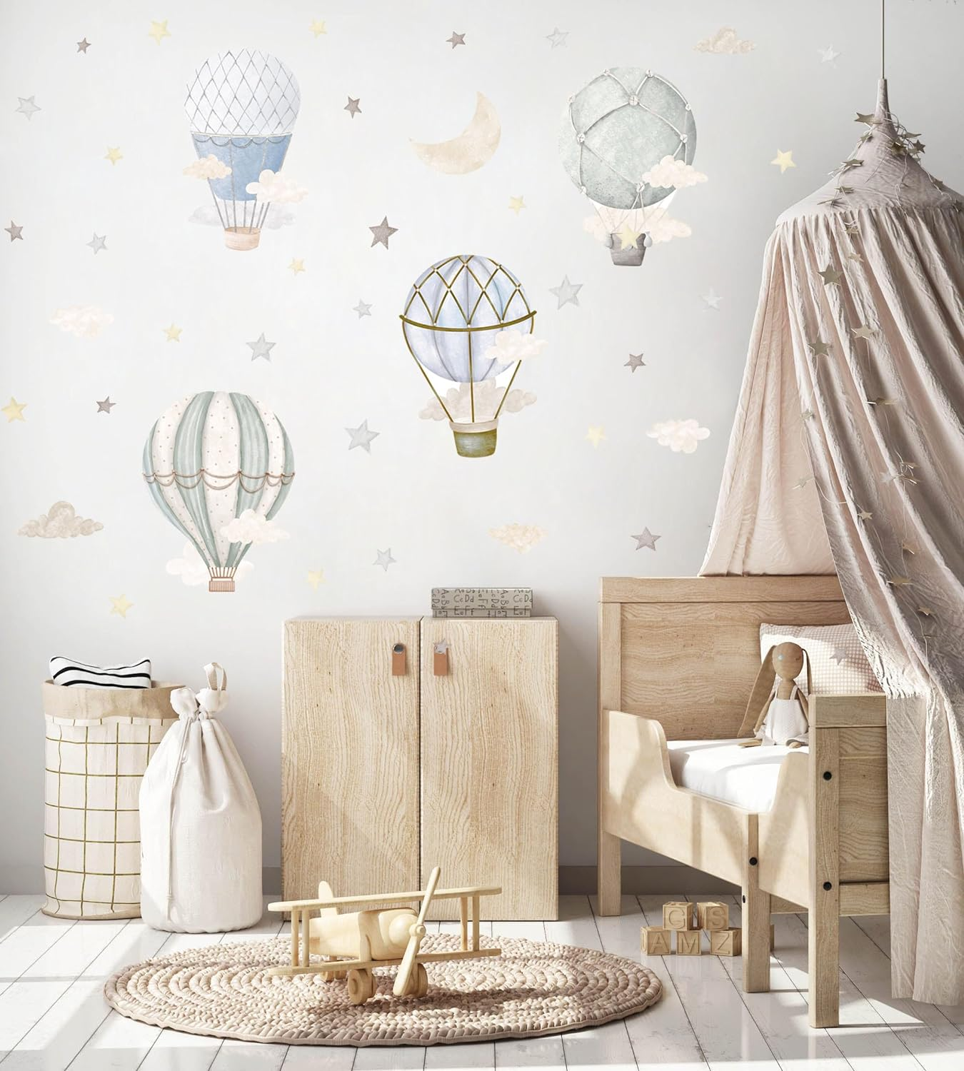 Watercolor Hot Air Balloon Wall Decals, Stars Clouds Balloon Vinyl Wall Stickers, Peel and Stick Colorful Artwork for Nursery Bedroom Toddler Room Playroom Decor image number 4