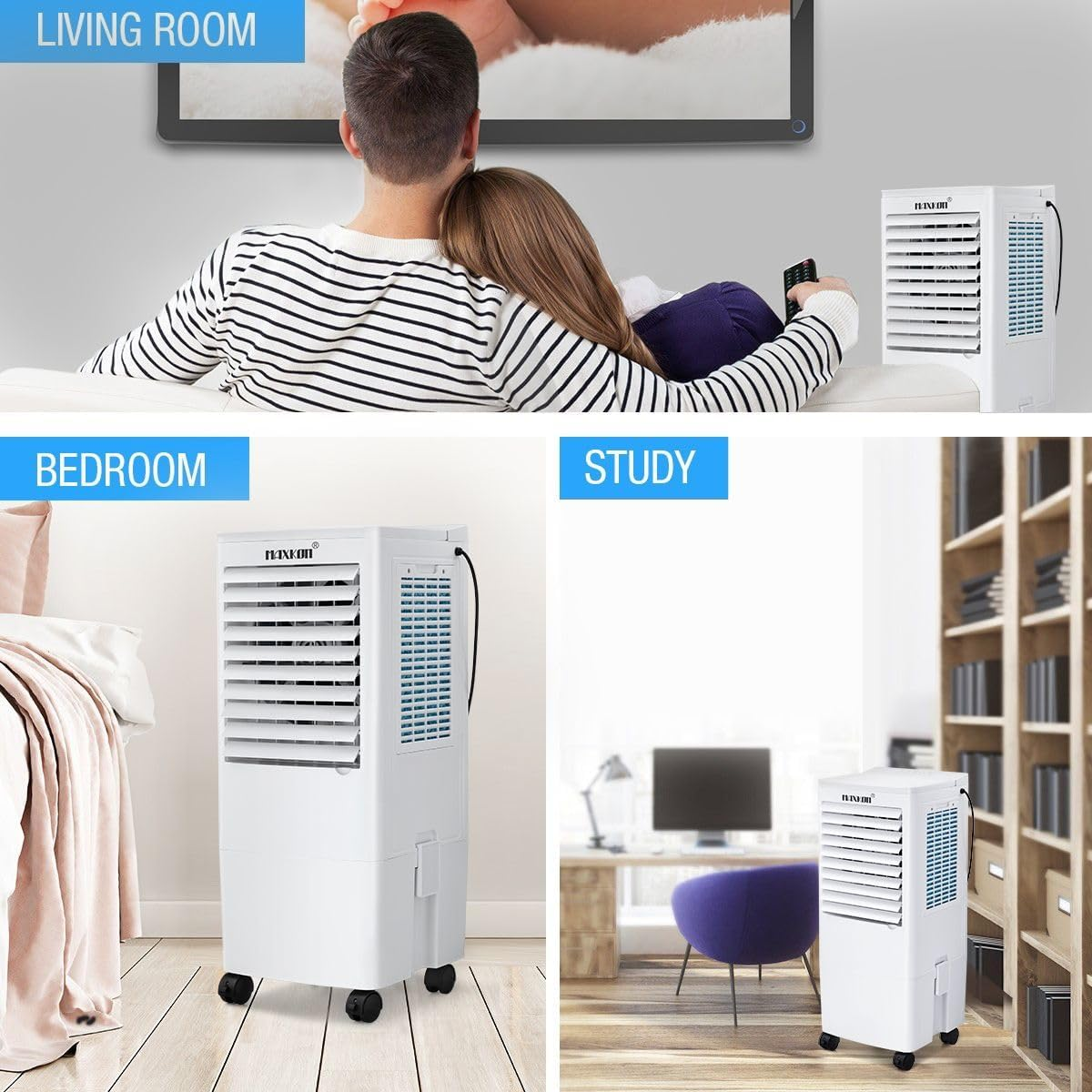 Maxkon Portable Air Cooler Evaporative Cooler Humidifier Purifier Cooling Fan, 20L Water Tank, with 2 Ice Crystal