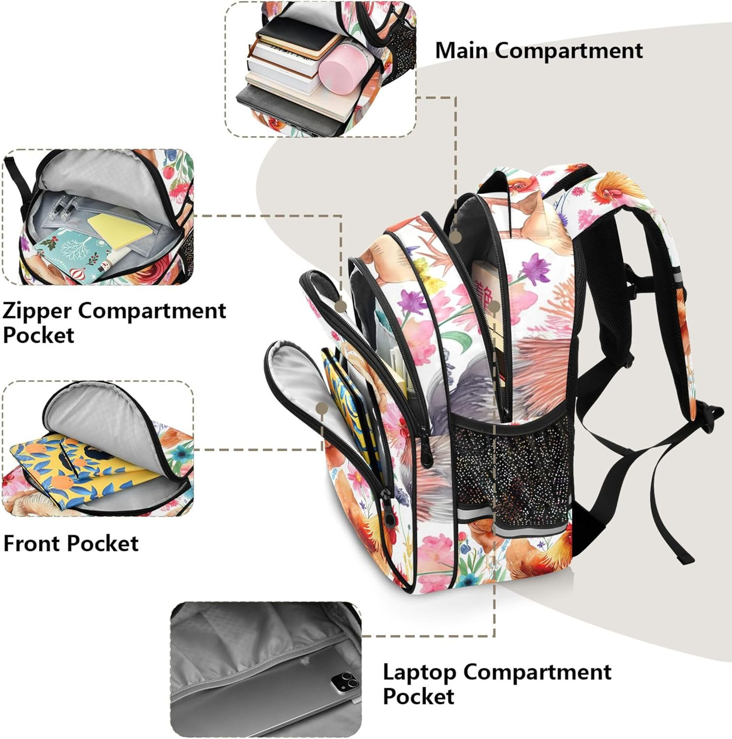 Joisal Backpack Colorful Chickens Vibrant Flowers Kids Backpacks Children School Bag Cute Preschool Age 3-8 Bookbag Princess image number 5