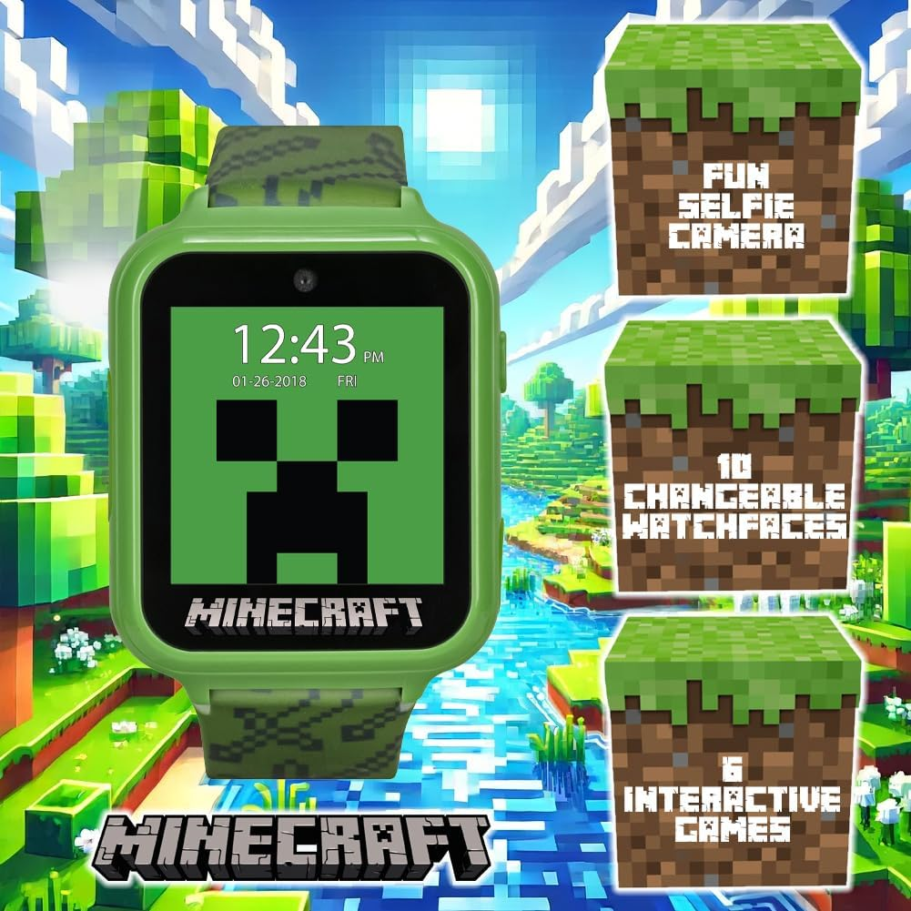 Accutime Microsoft Minecraft Green Educational Learning Touchscreen Smart Watch Toy for Boys, Girls, Toddlers - Selfie Cam, Learning Games, Alarm, Calculator, Step Tracker & More! (Model: MIN4045AZ) image number 3