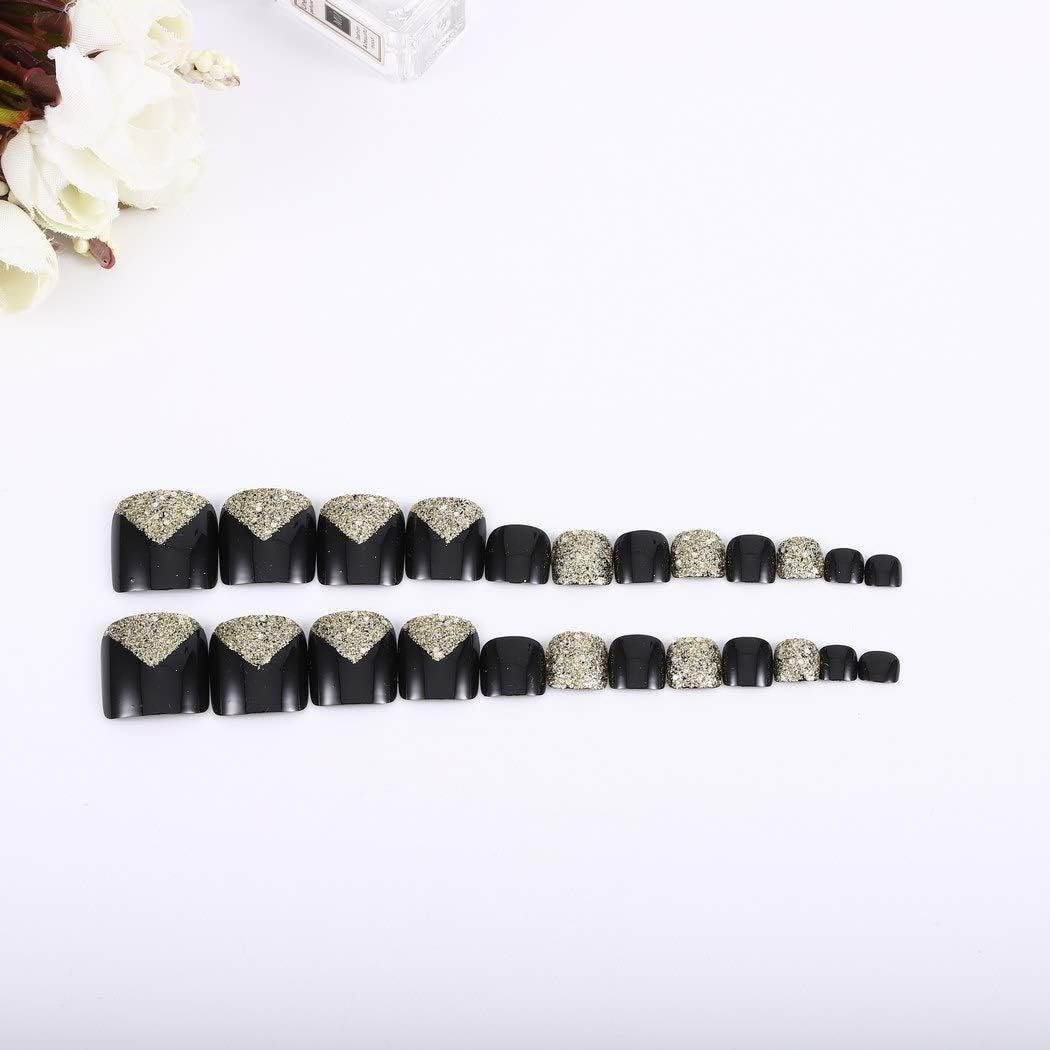 Mosako Glitter Sequins Press on Toenails Short Square Fake Toenail Sparkle Paillette Glossy False Toenail Full Cover Toe Nail Tips Designer Fancy Feet Nails Manicure for Women and Girls 24Pcs (Black-1) image number 2