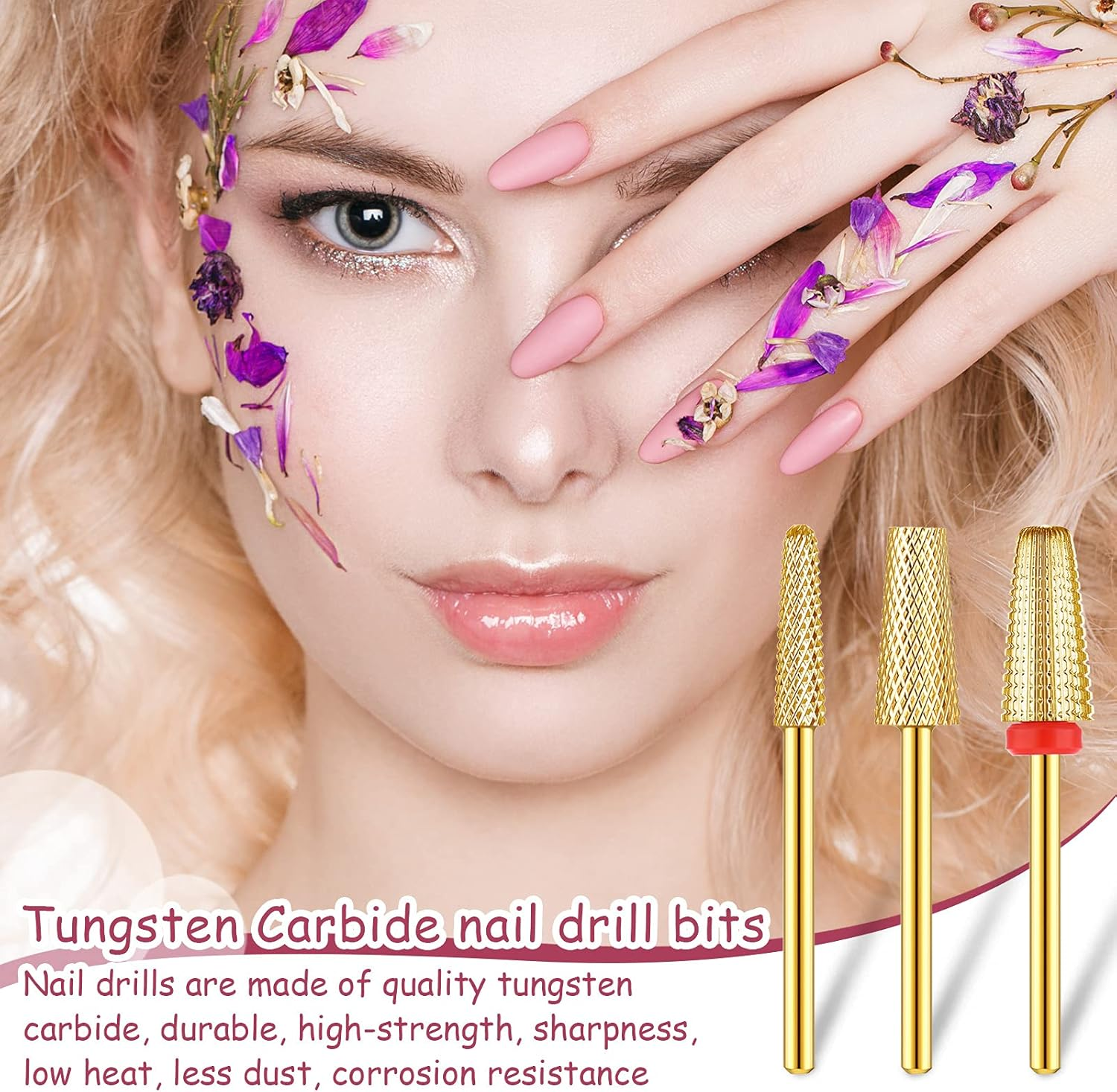 Outus 3 Pieces Nail Carbide 5 in 1 Bit Nail Drill Bits Set Tapered Barrel Carbide Nail Drill Bit, 3/32 Inches Cone Shape Carbide Bit Carbide Nail Drill Bits for Acrylic or Gel Remover (Golden) image number 1